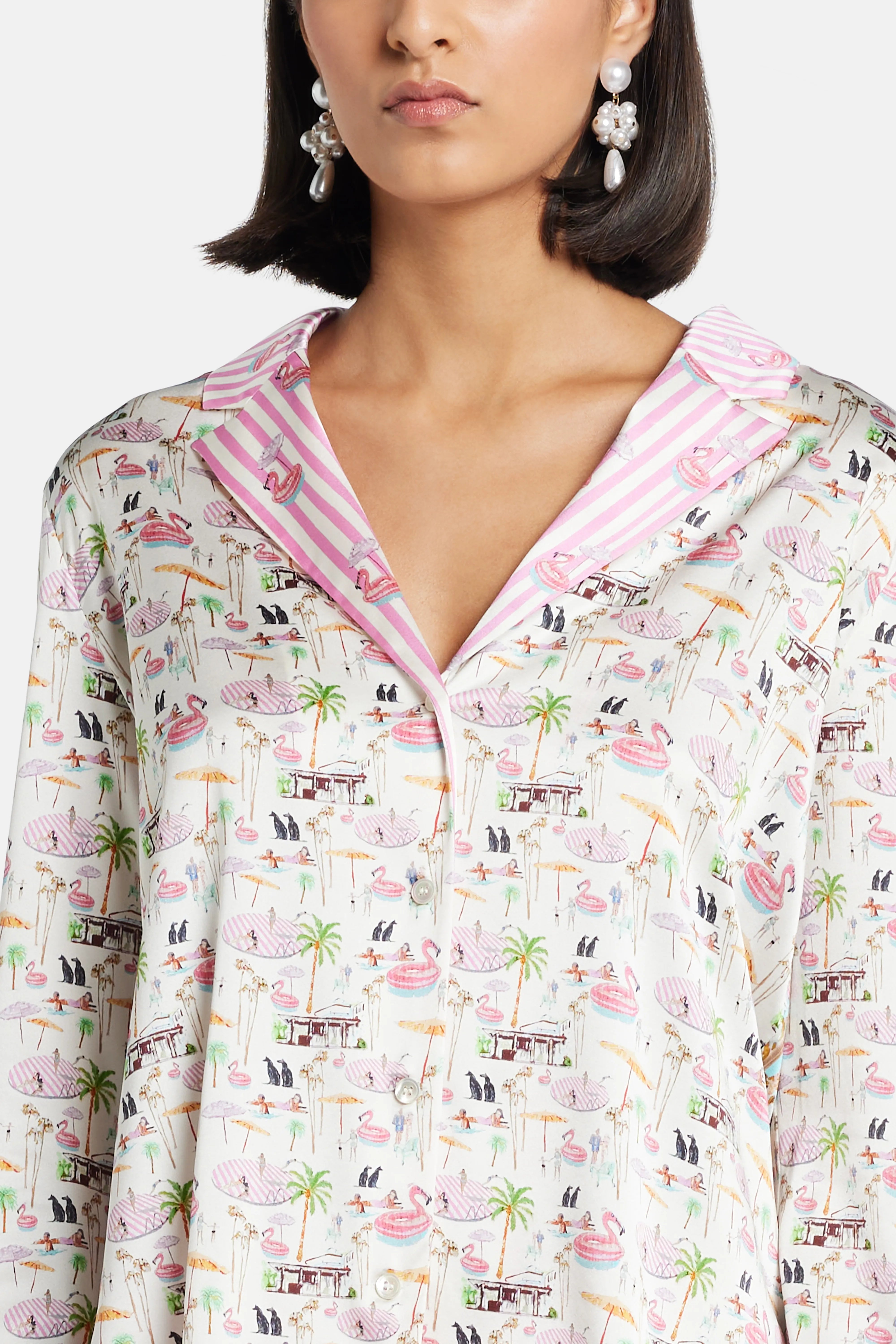Flamingo Club V-Neck Silk Top in Pink