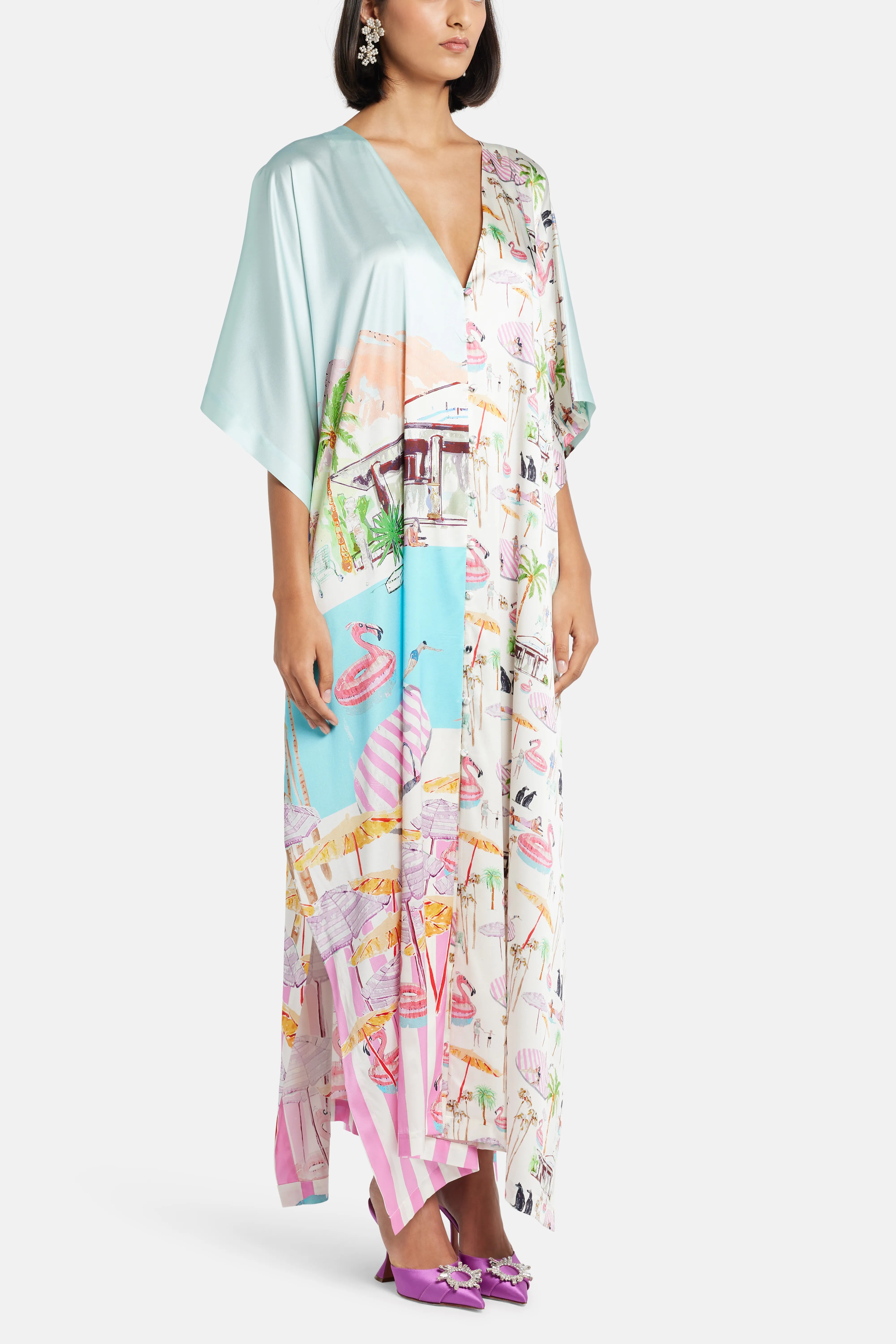 Flamingo Club V-Neck Silk Kaftan in Pink