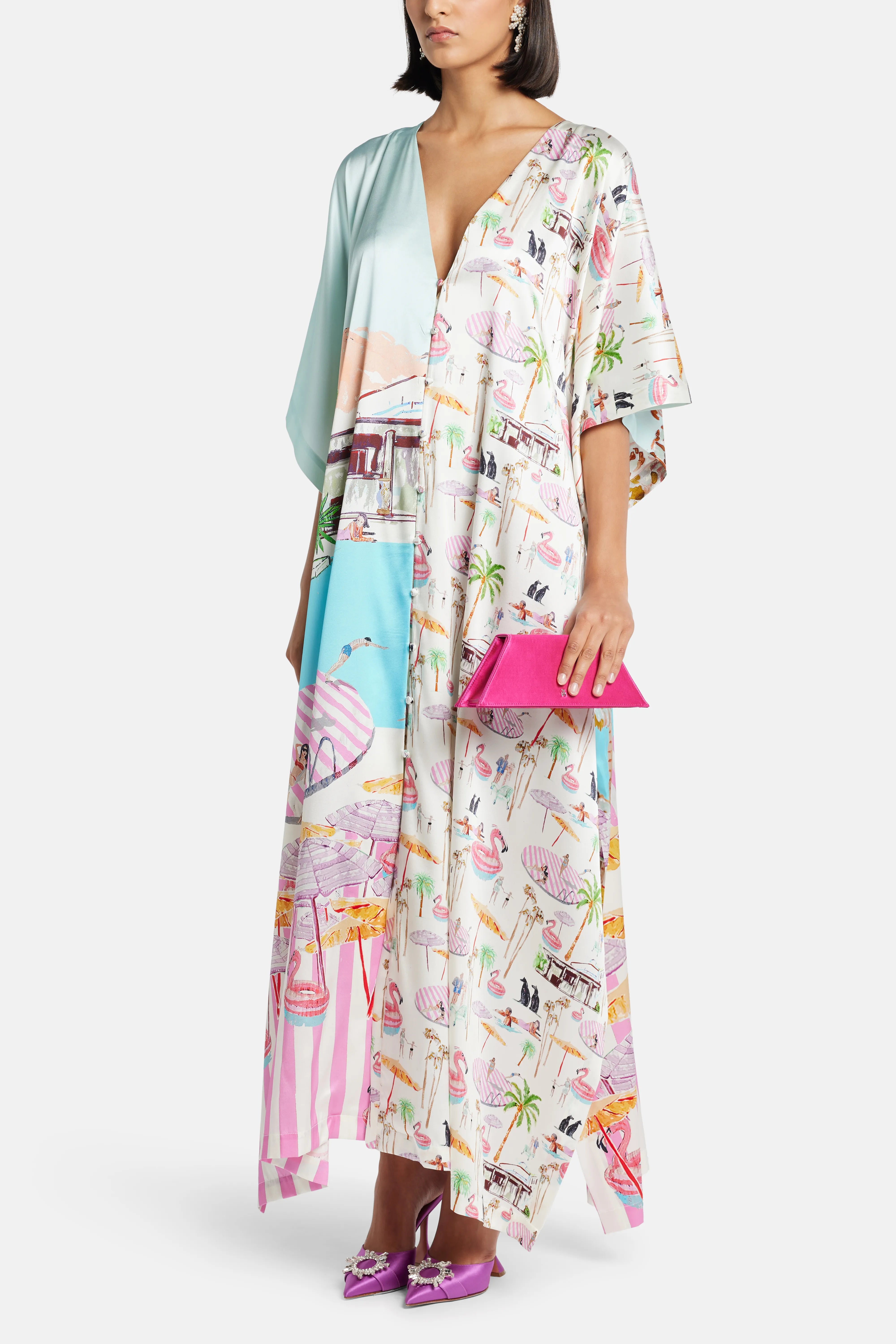 Flamingo Club V-Neck Silk Kaftan in Pink