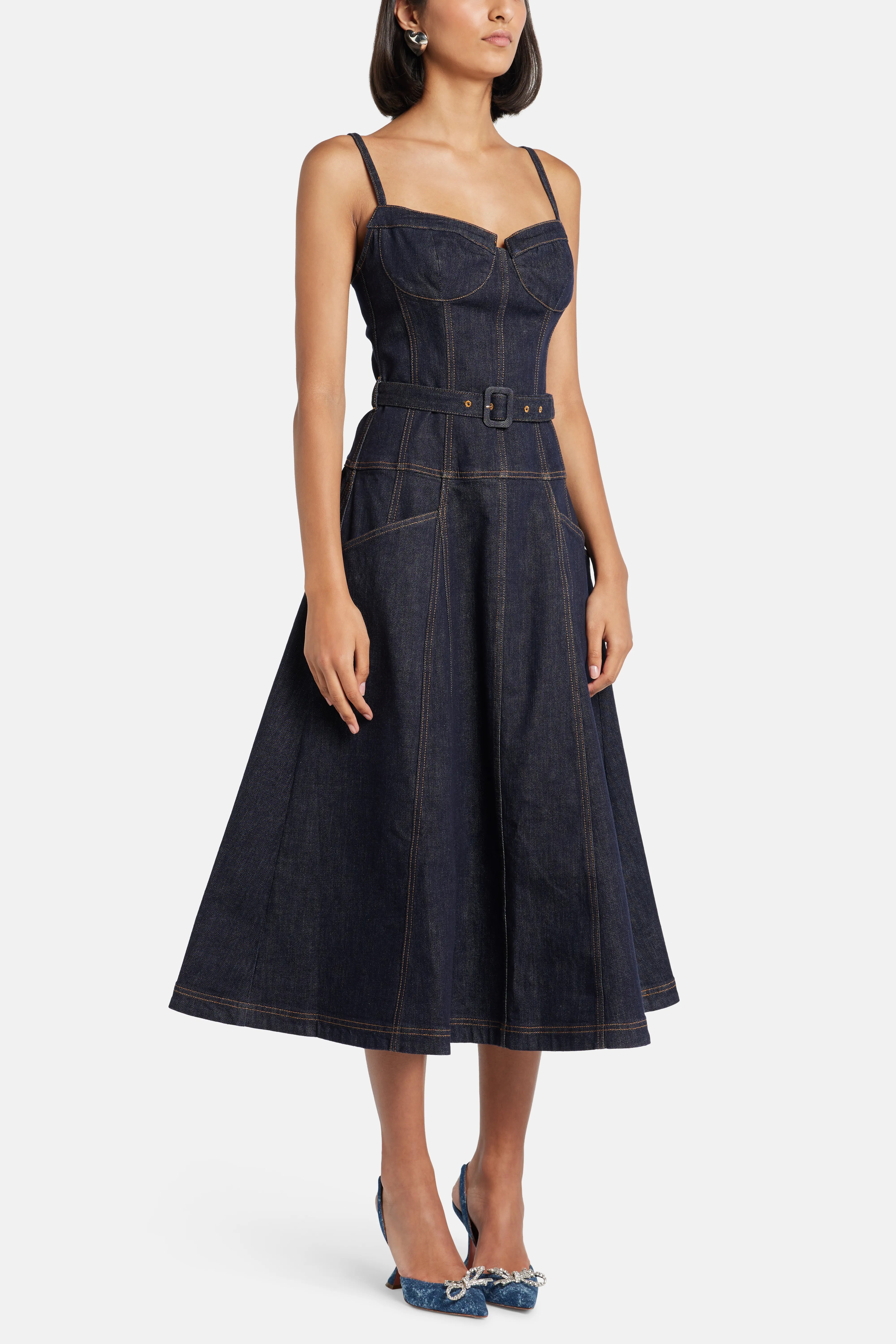 Indigo Denim Sleeveless Flared Cotton Midi Dress in Blue