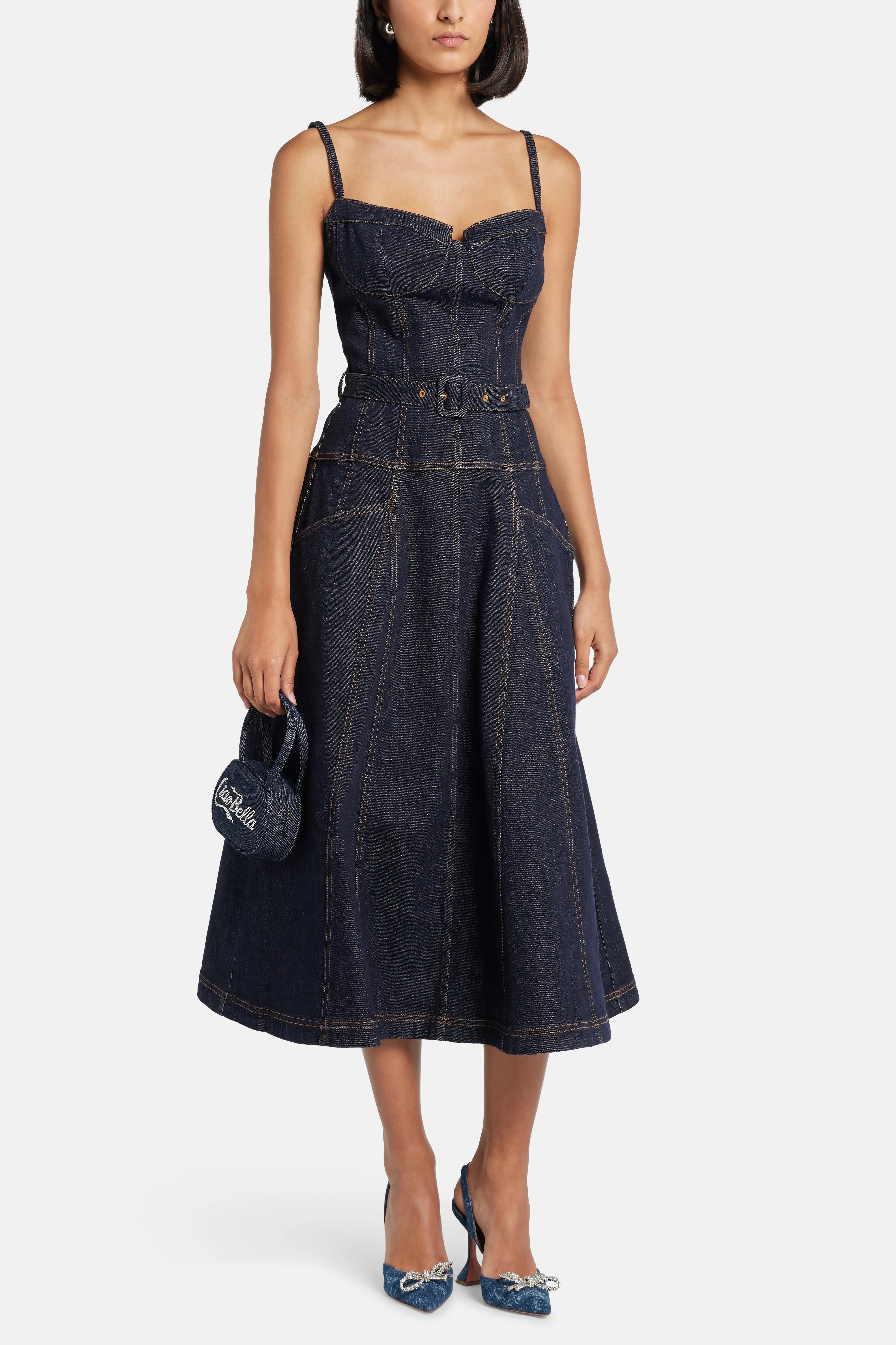 Indigo Denim Sleeveless Flared Cotton Midi Dress in Blue
