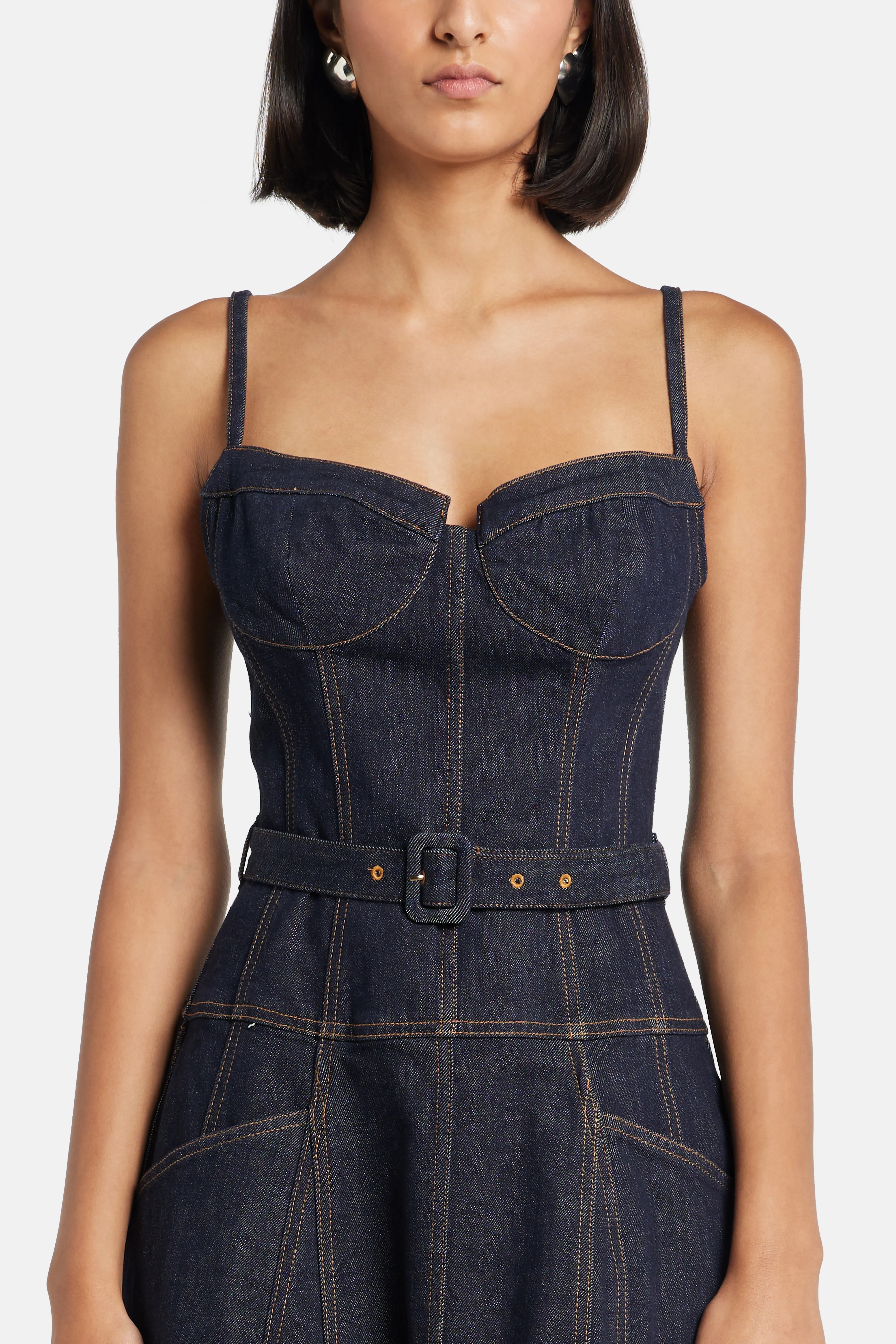 Indigo Denim Sleeveless Flared Cotton Midi Dress in Blue