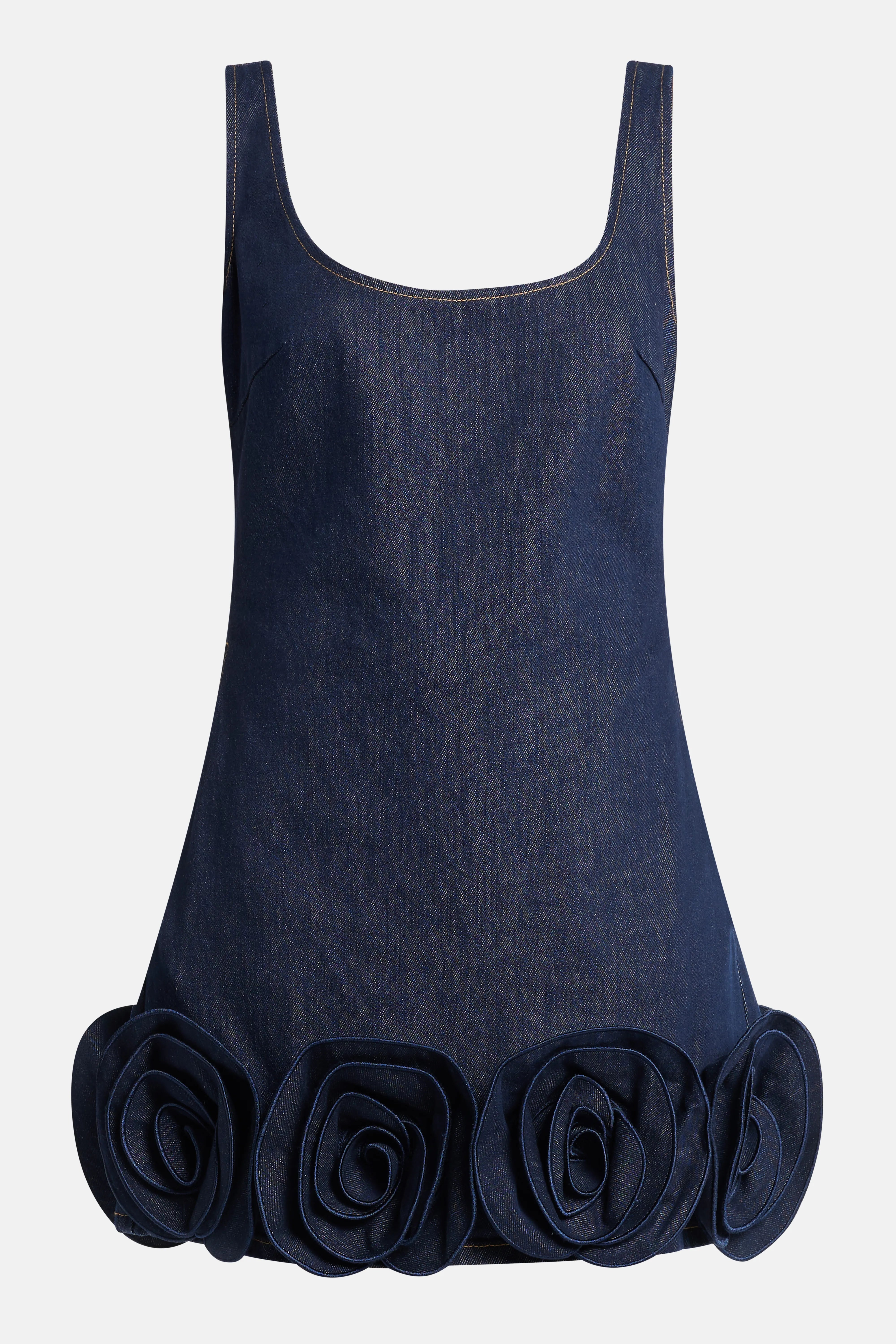 Indigo Denim Sleeveless 3D Flower Cotton MIni Dress in Blue
