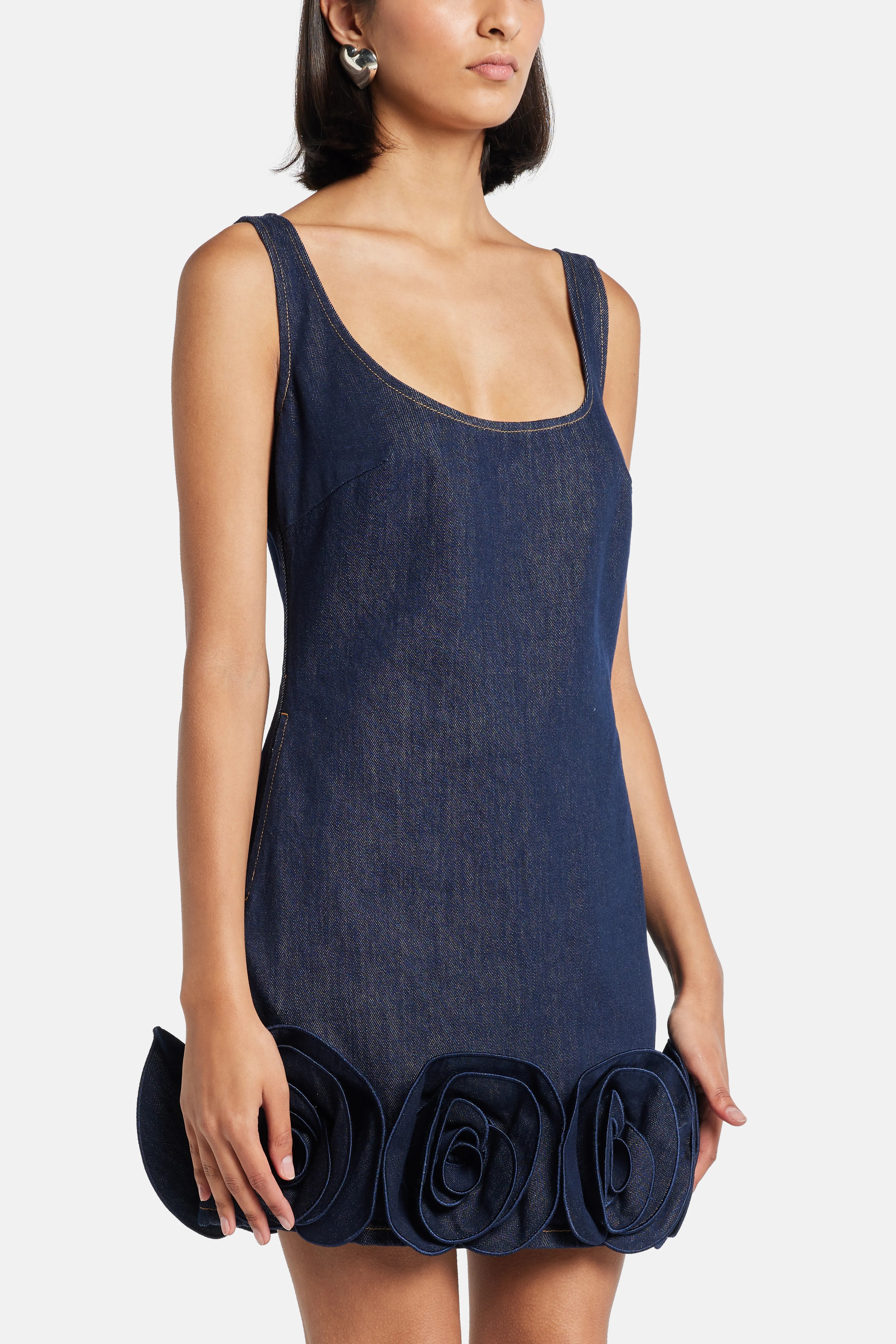 Indigo Denim Sleeveless 3D Flower Cotton MIni Dress in Blue