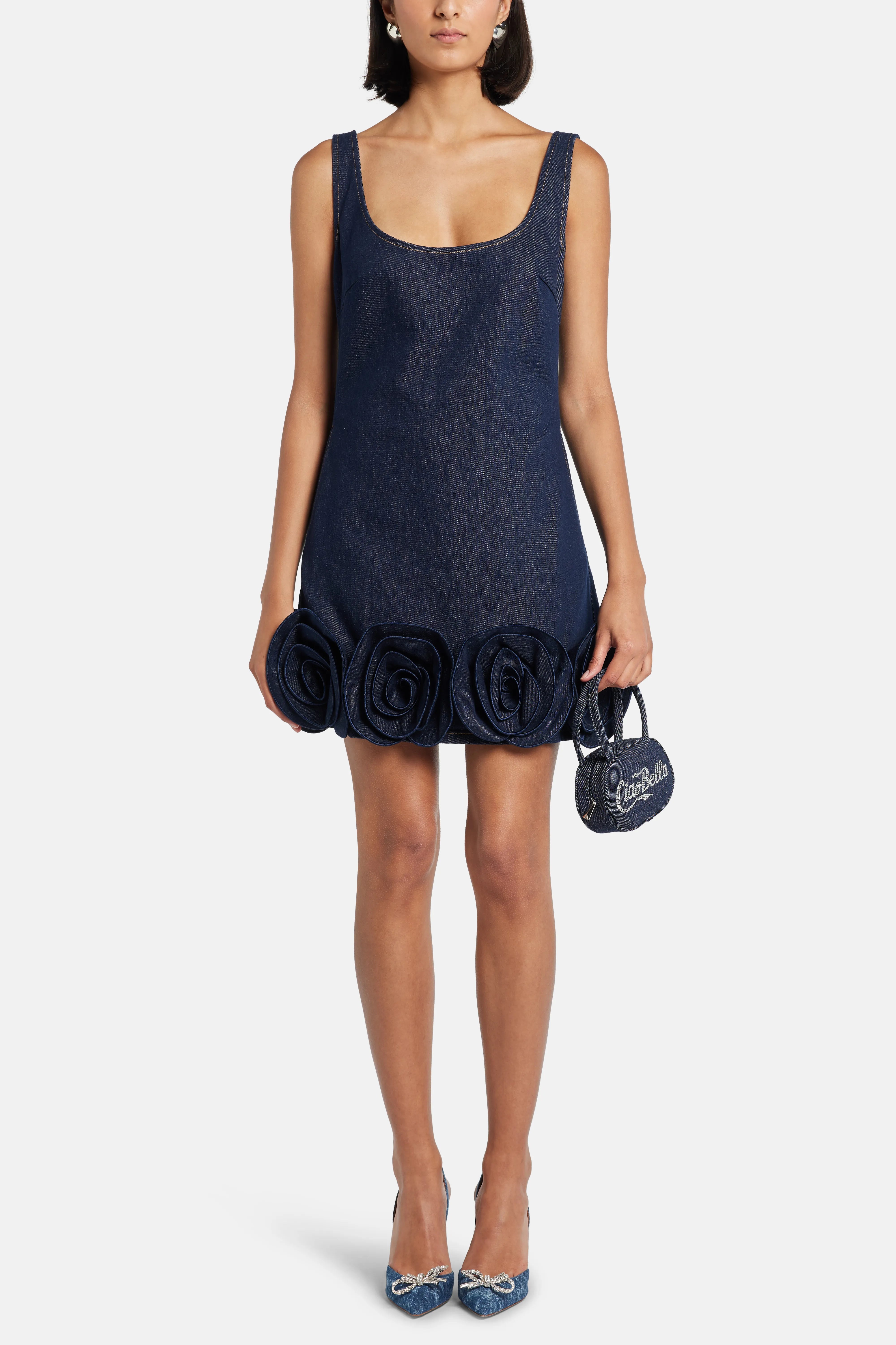 Indigo Denim Sleeveless 3D Flower Cotton MIni Dress in Blue