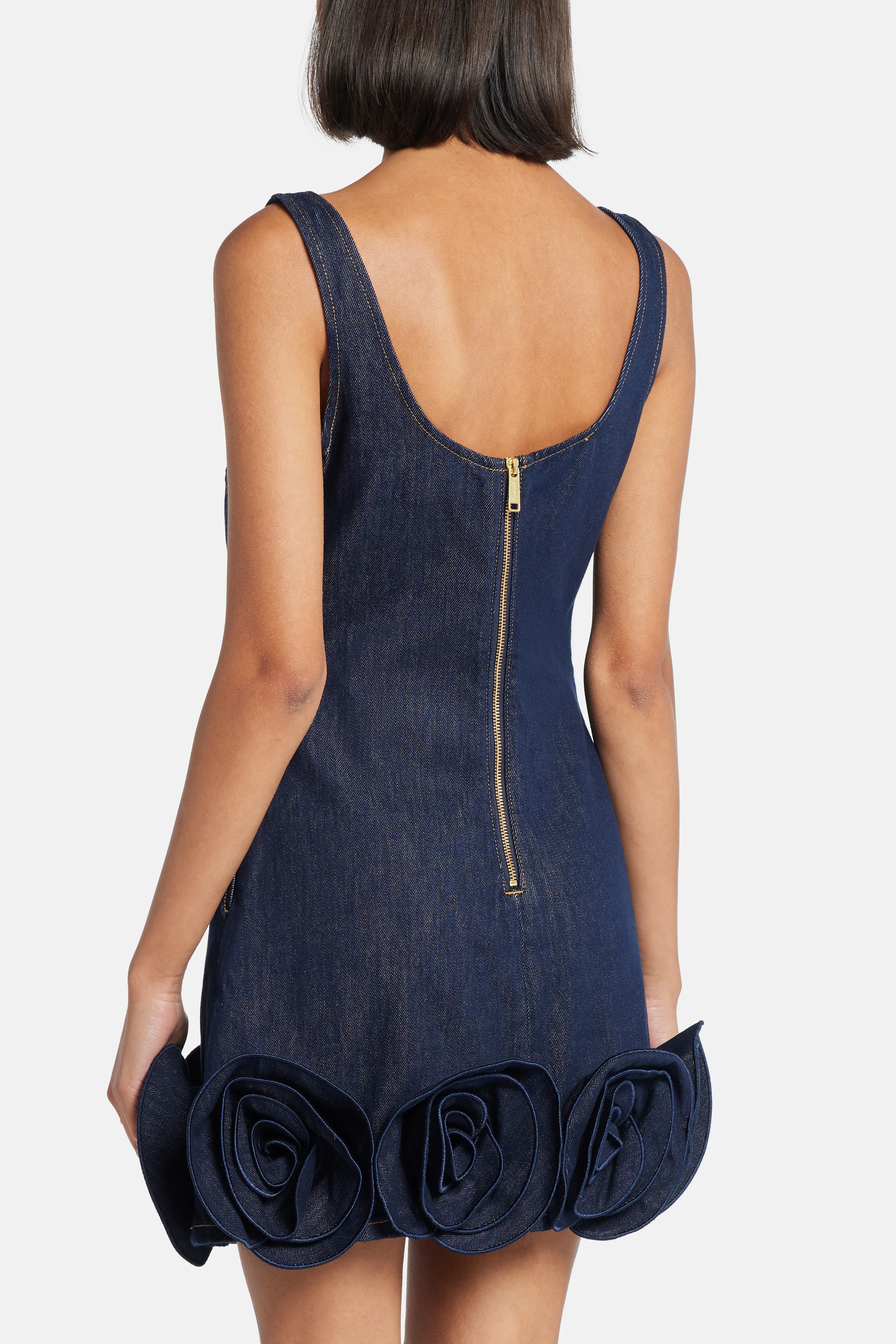 Indigo Denim Sleeveless 3D Flower Cotton MIni Dress in Blue