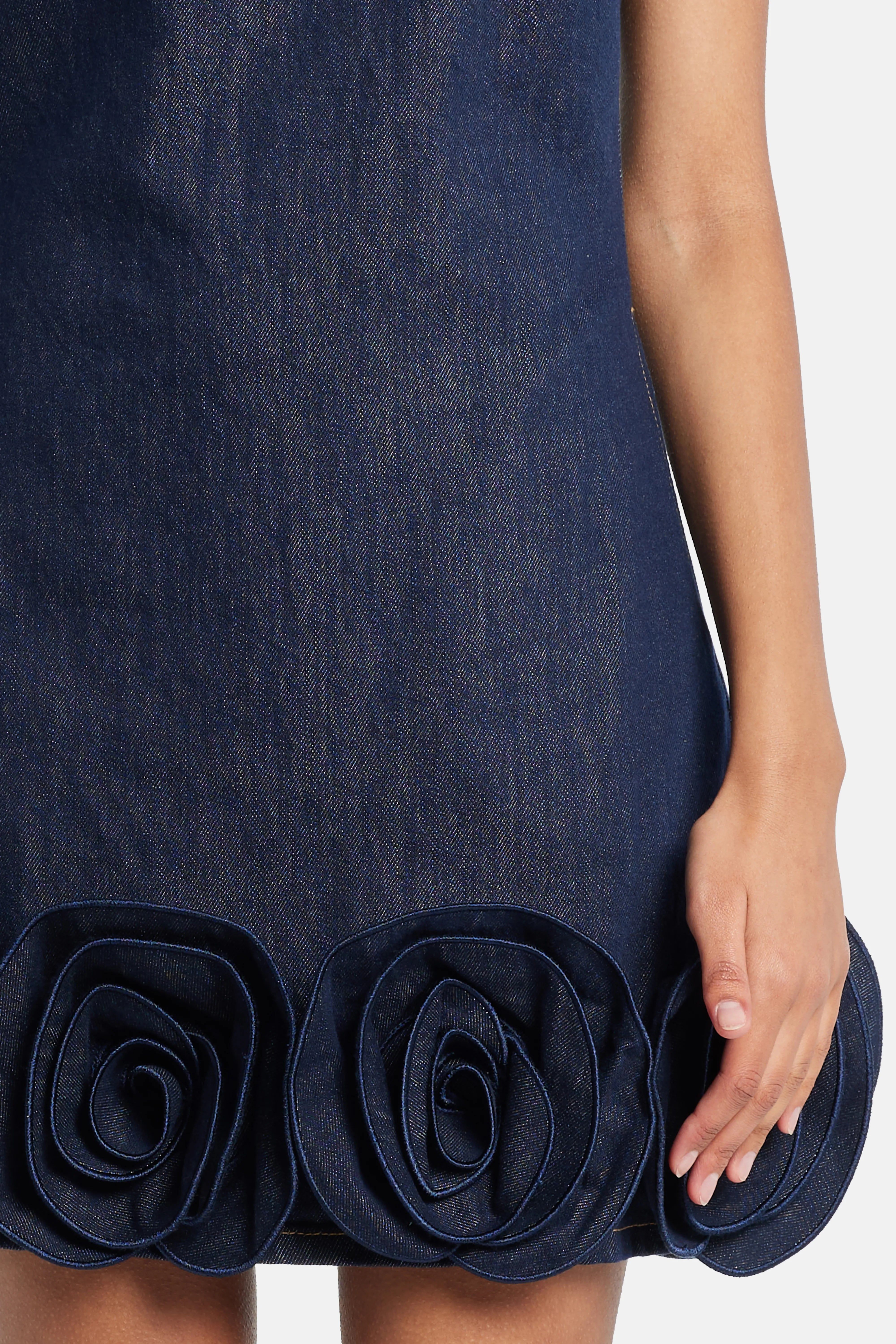Indigo Denim Sleeveless 3D Flower Cotton MIni Dress in Blue