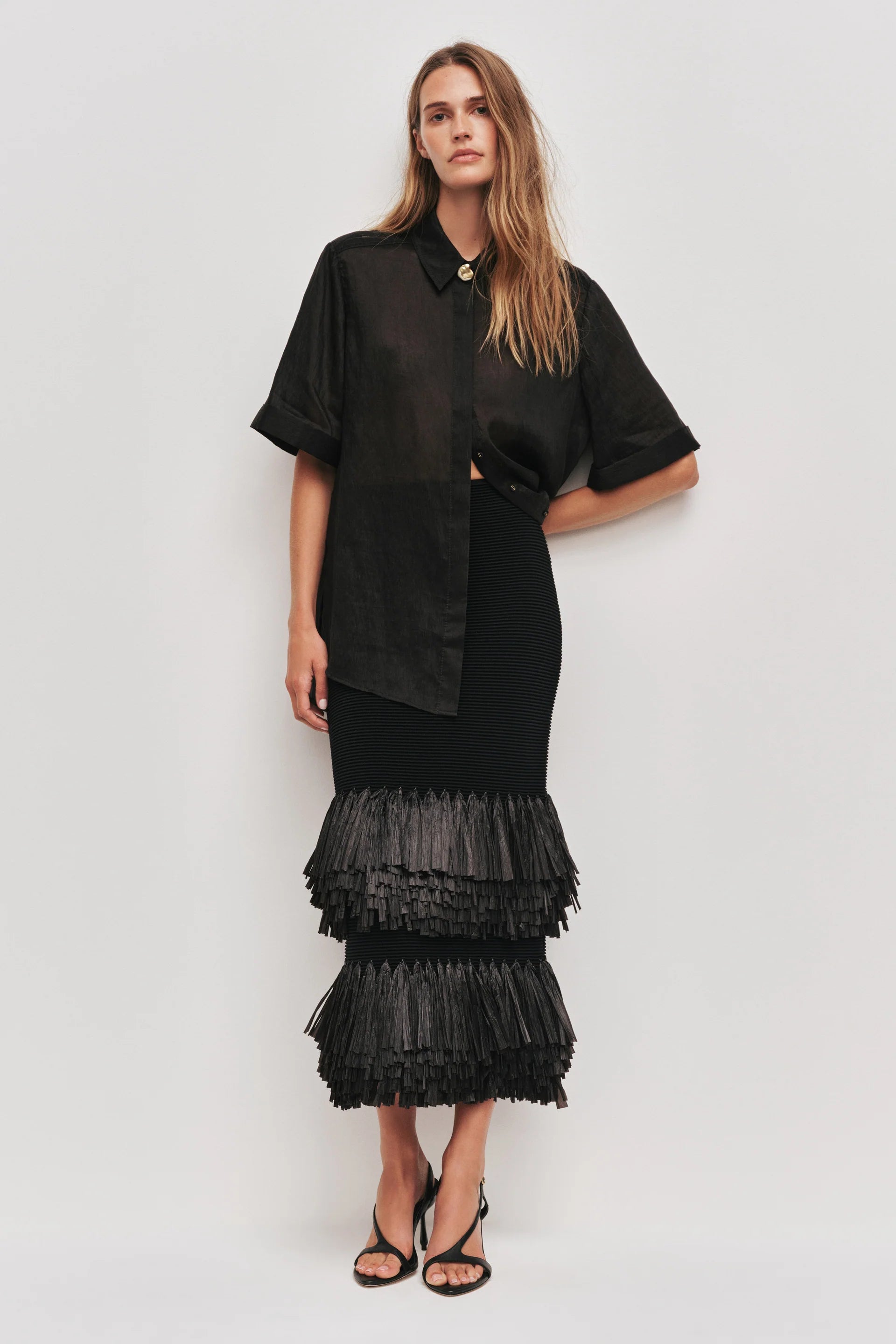 Agave Knit Raffia Midi Skirt In Black