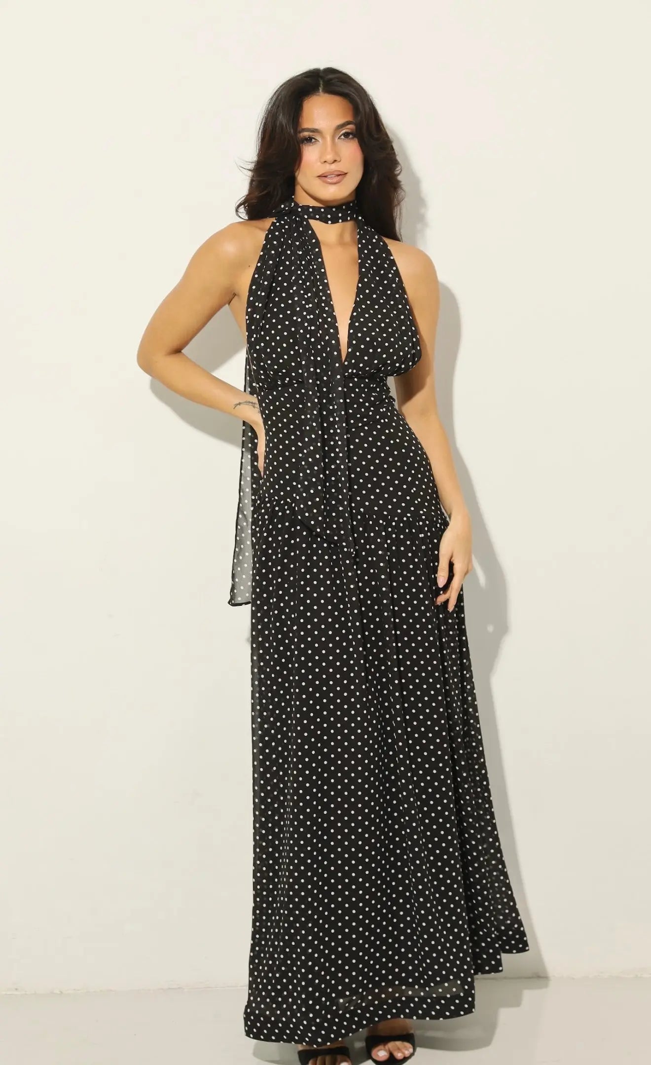 Grace Polka Dot Deep Neck Maxi Dress In Black With Scarf