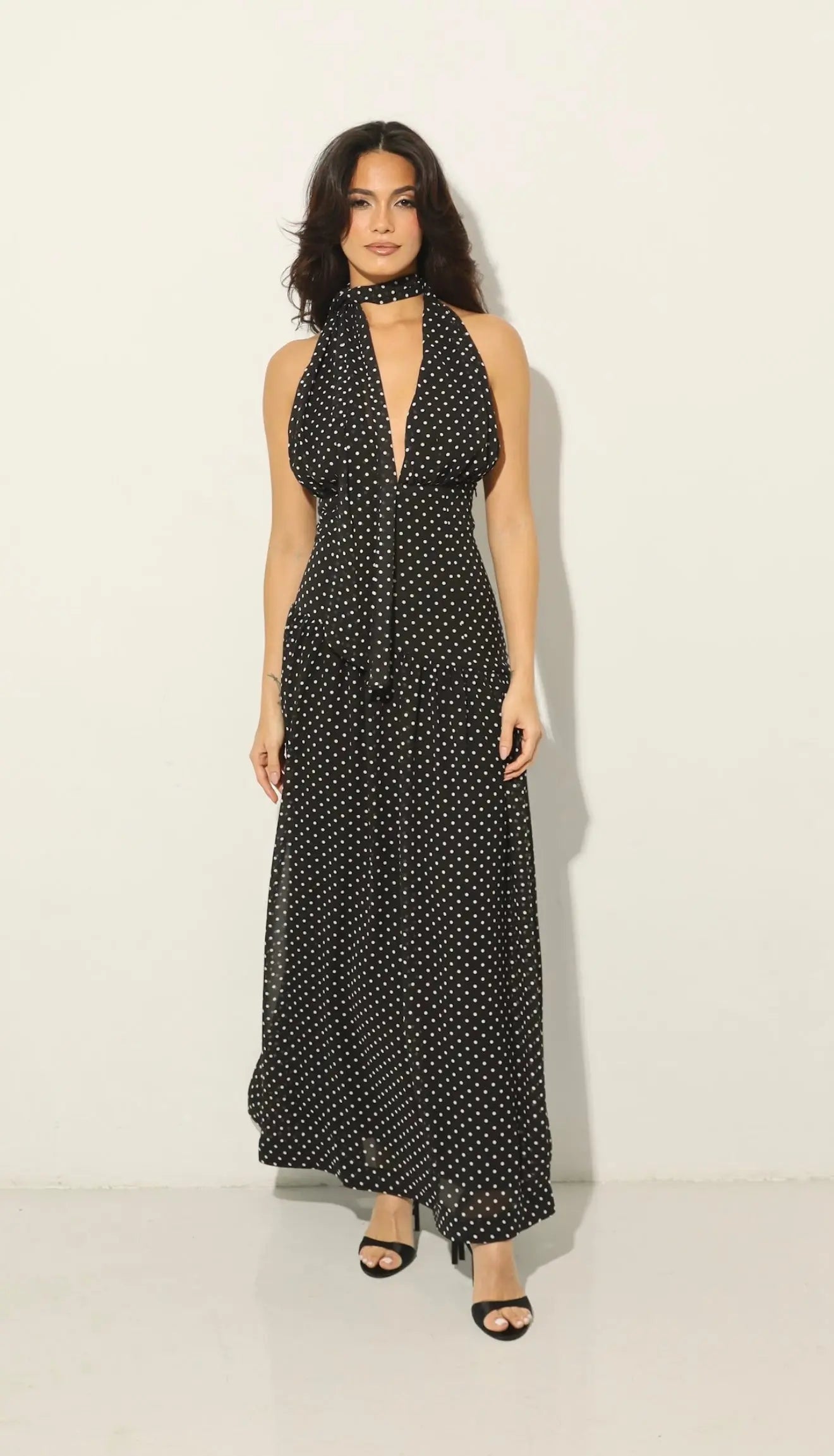 Grace Polka Dot Deep Neck Maxi Dress In Black With Scarf