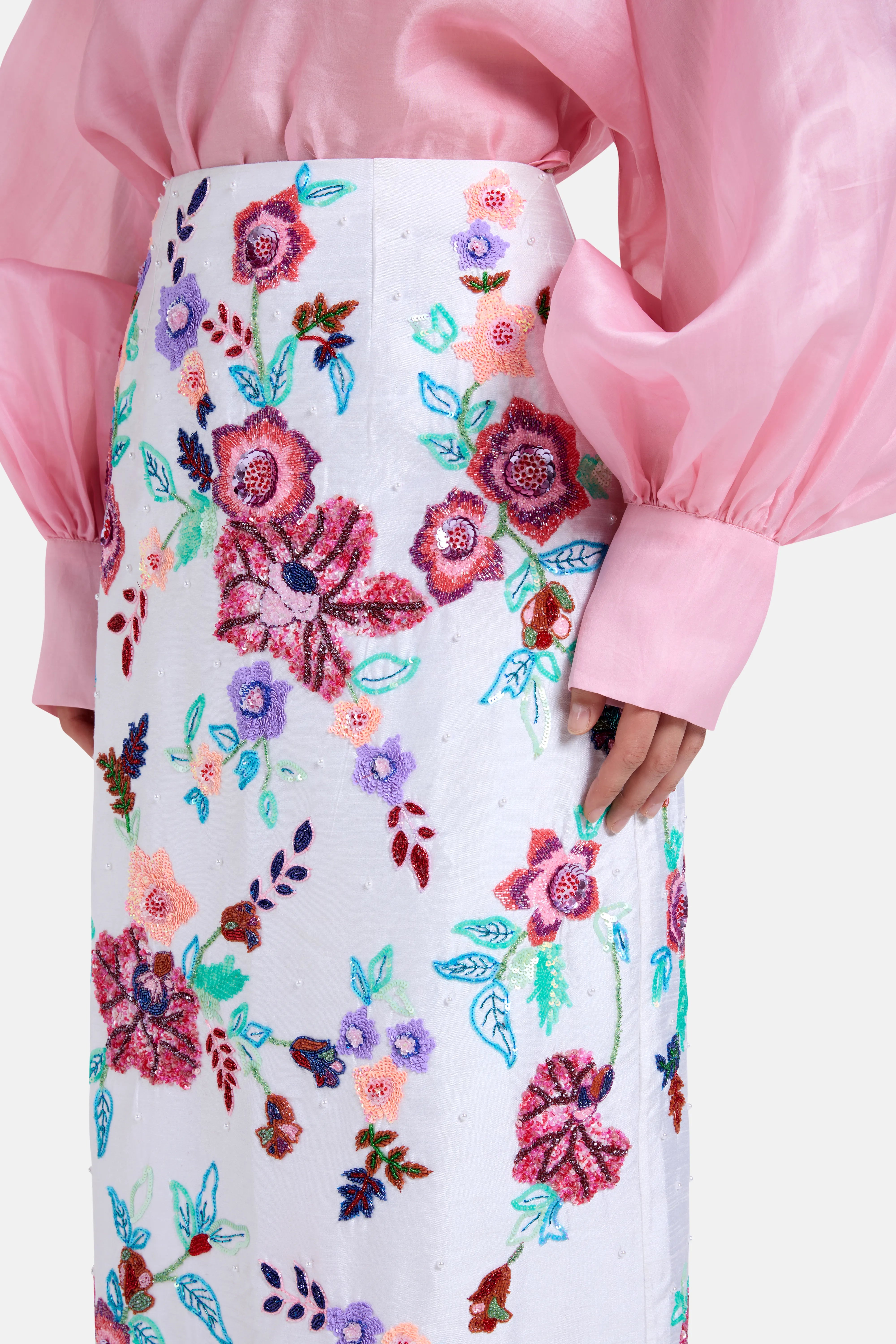 Floral Embroidered Silk Maxi Skirt in White