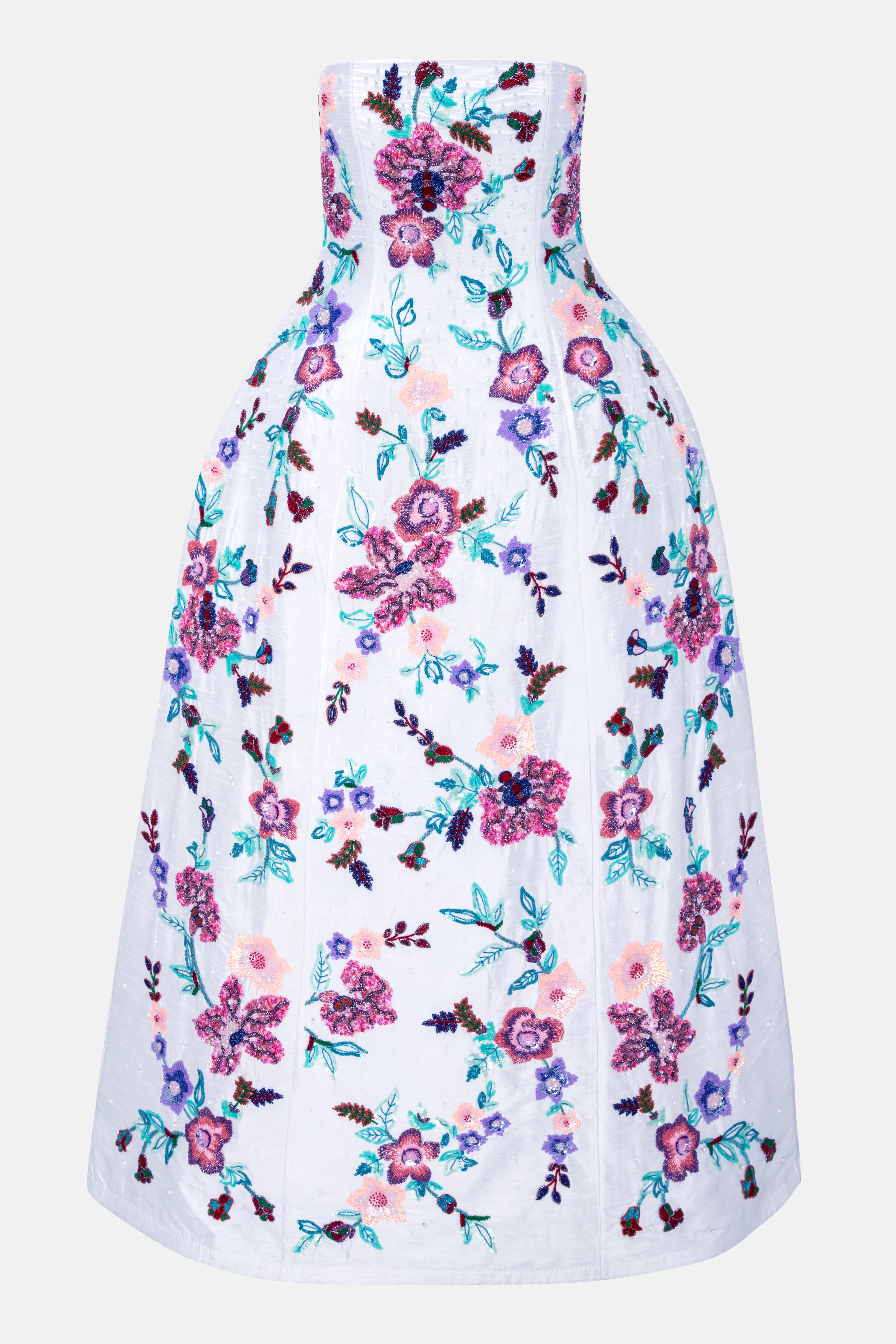 Floral Embroidered Sleeveless Silk Maxi Dress in White