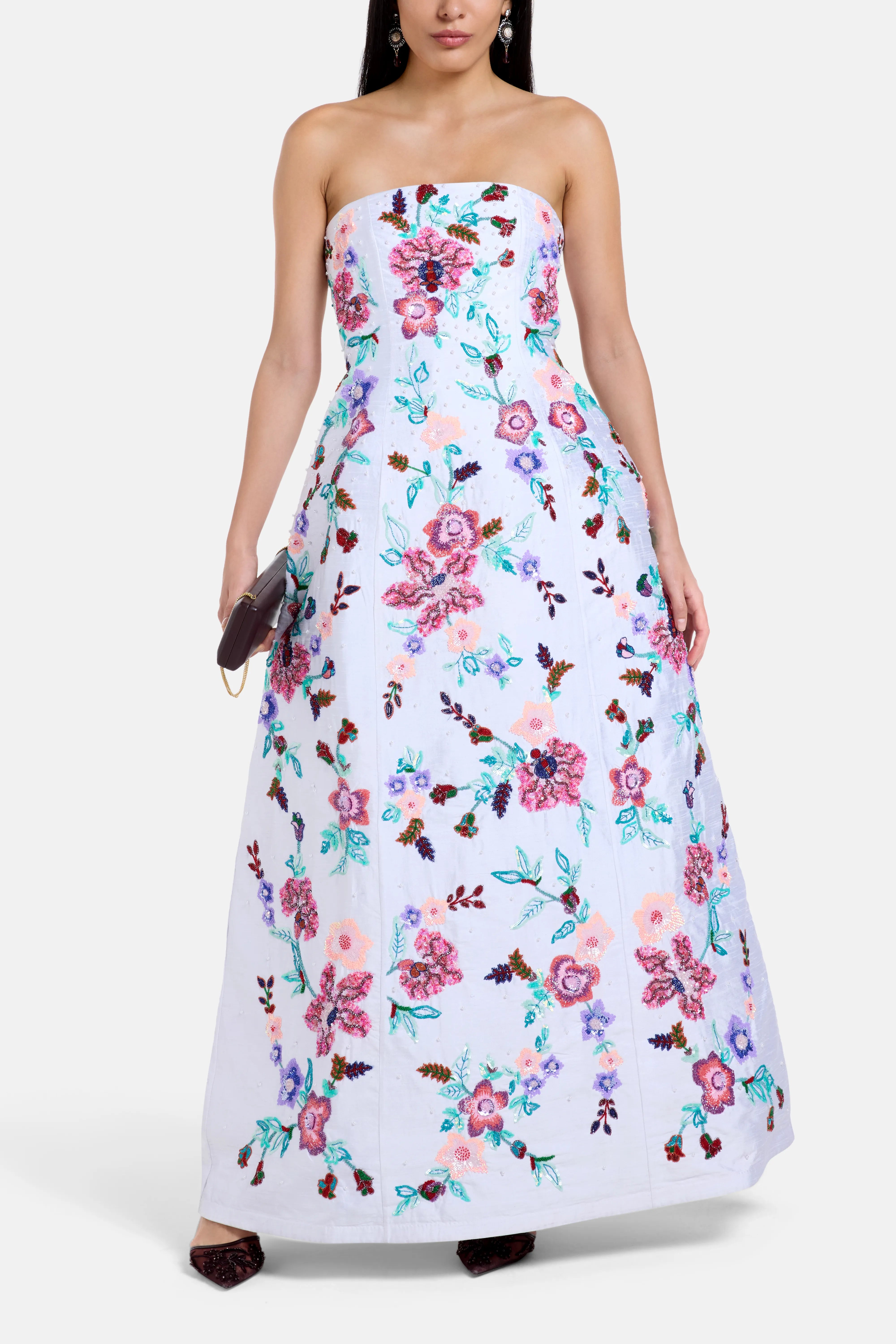 Floral Embroidered Sleeveless Silk Maxi Dress in White