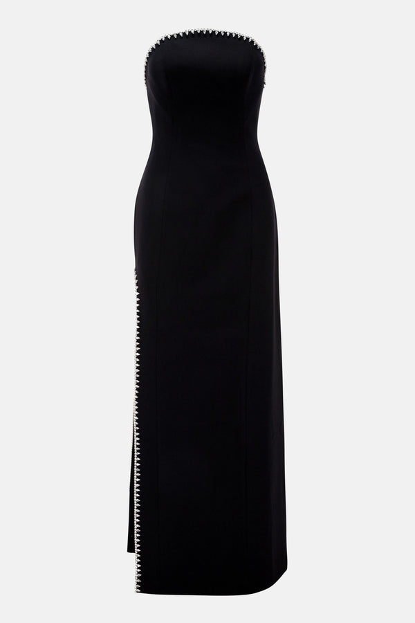 Bela Thigh Slit Crystal Embellished Evening Dress in Black