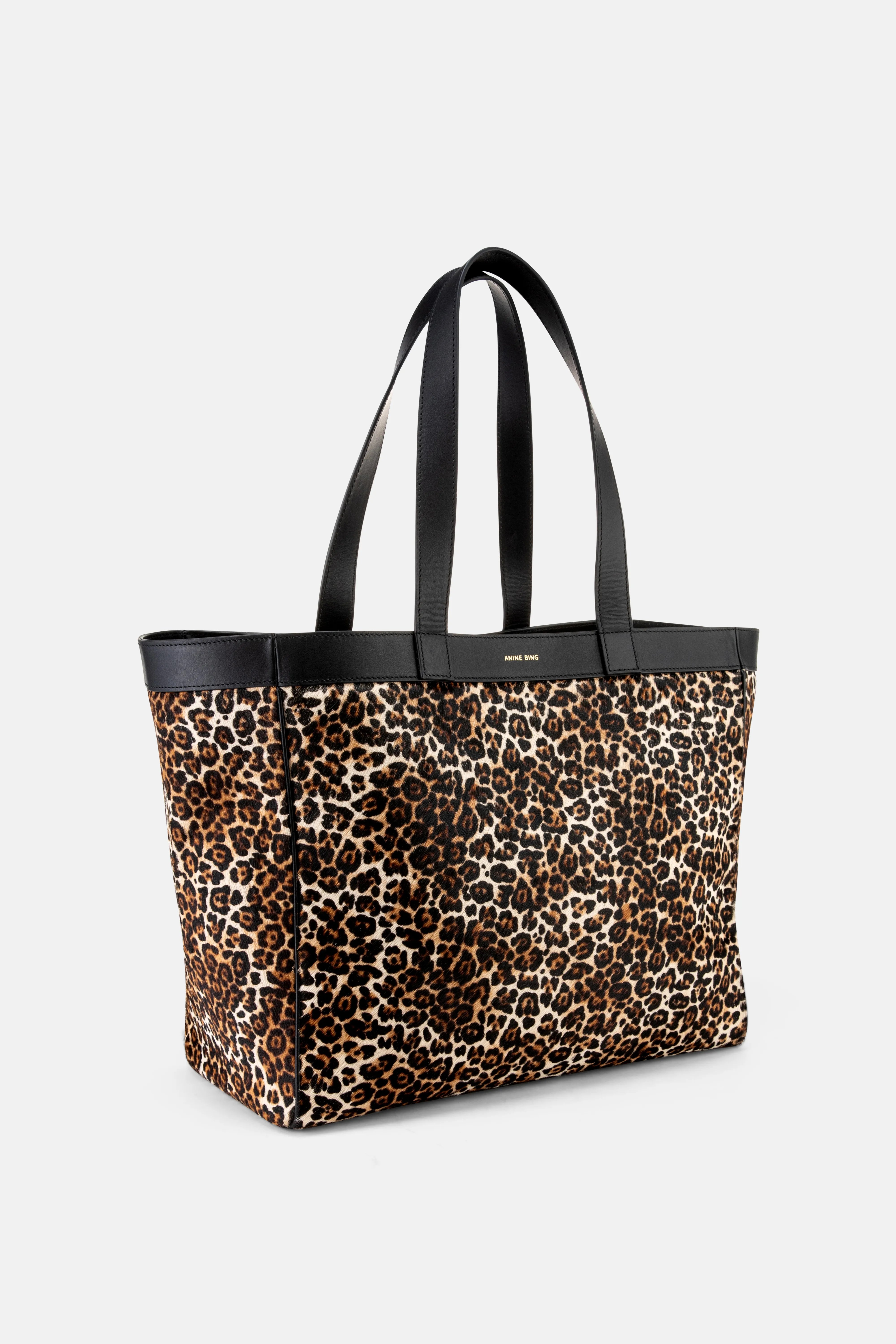 Rio Leopard Print Leather Medium Tote Bag in Beige