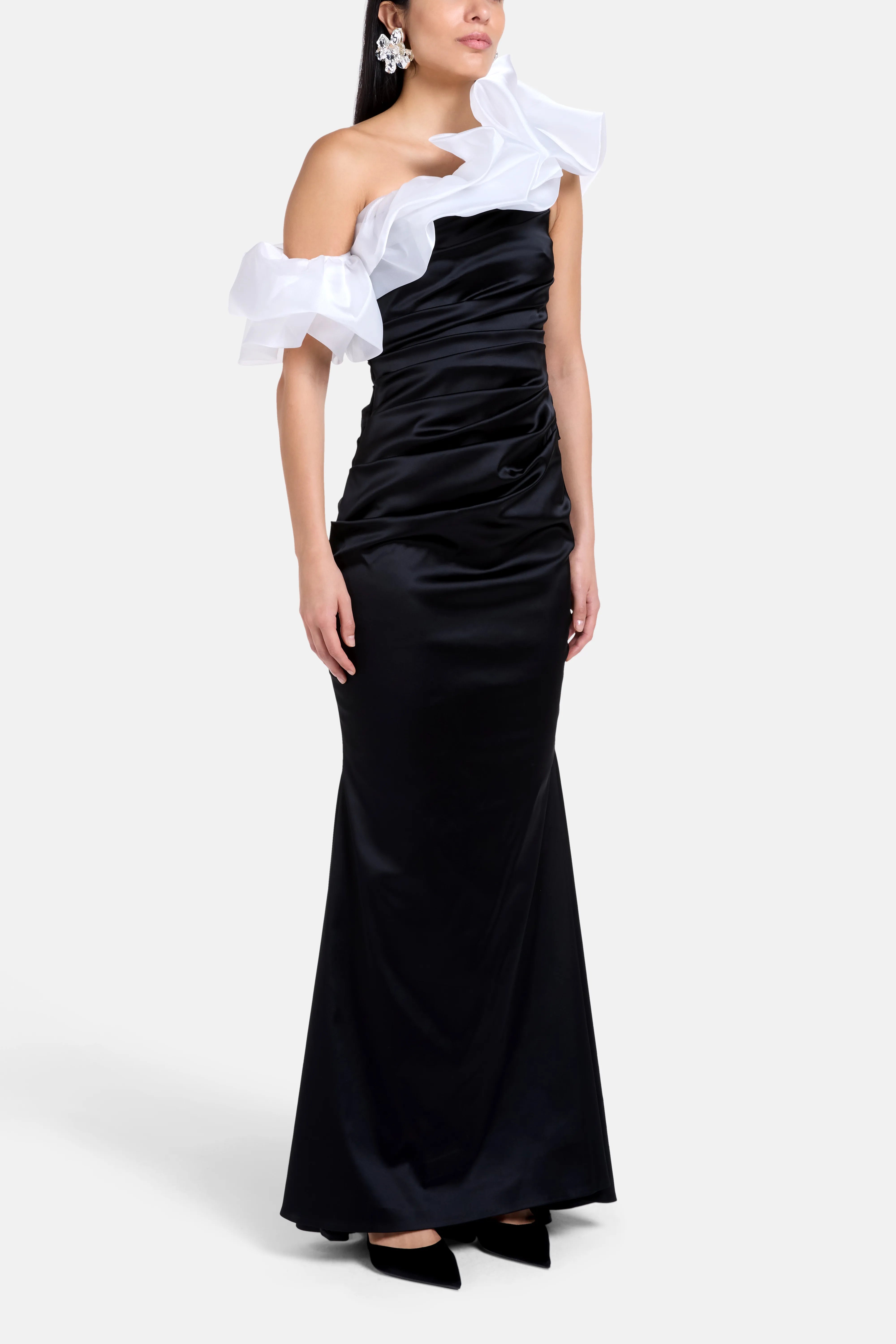 Satin & Gazar Mix One Shoulder Evening Dress in Black and White