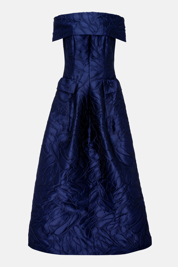Honeydrop Jacquard Off Shoulder Evening Dress in Blue