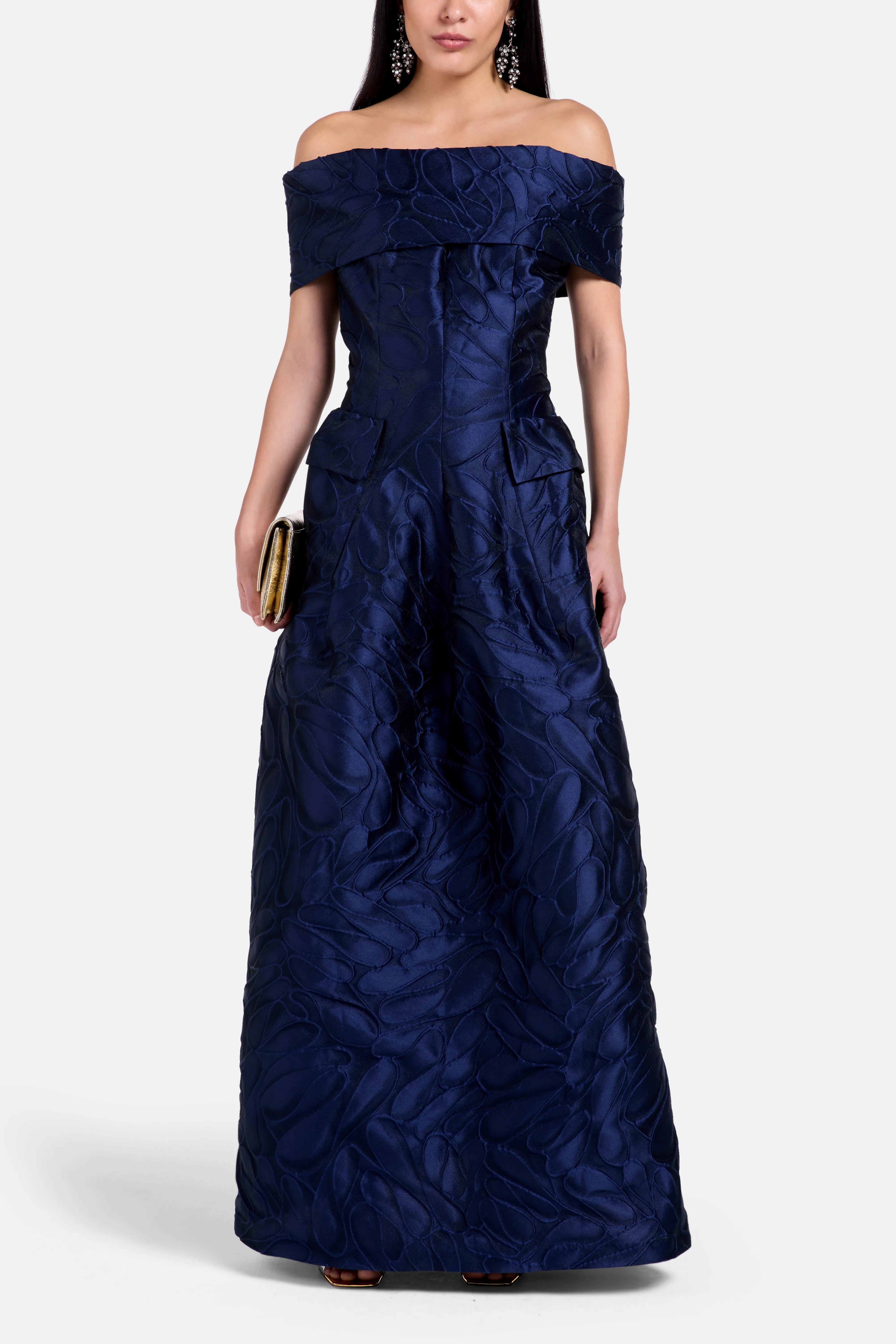 Honeydrop Jacquard Off Shoulder Evening Dress in Blue