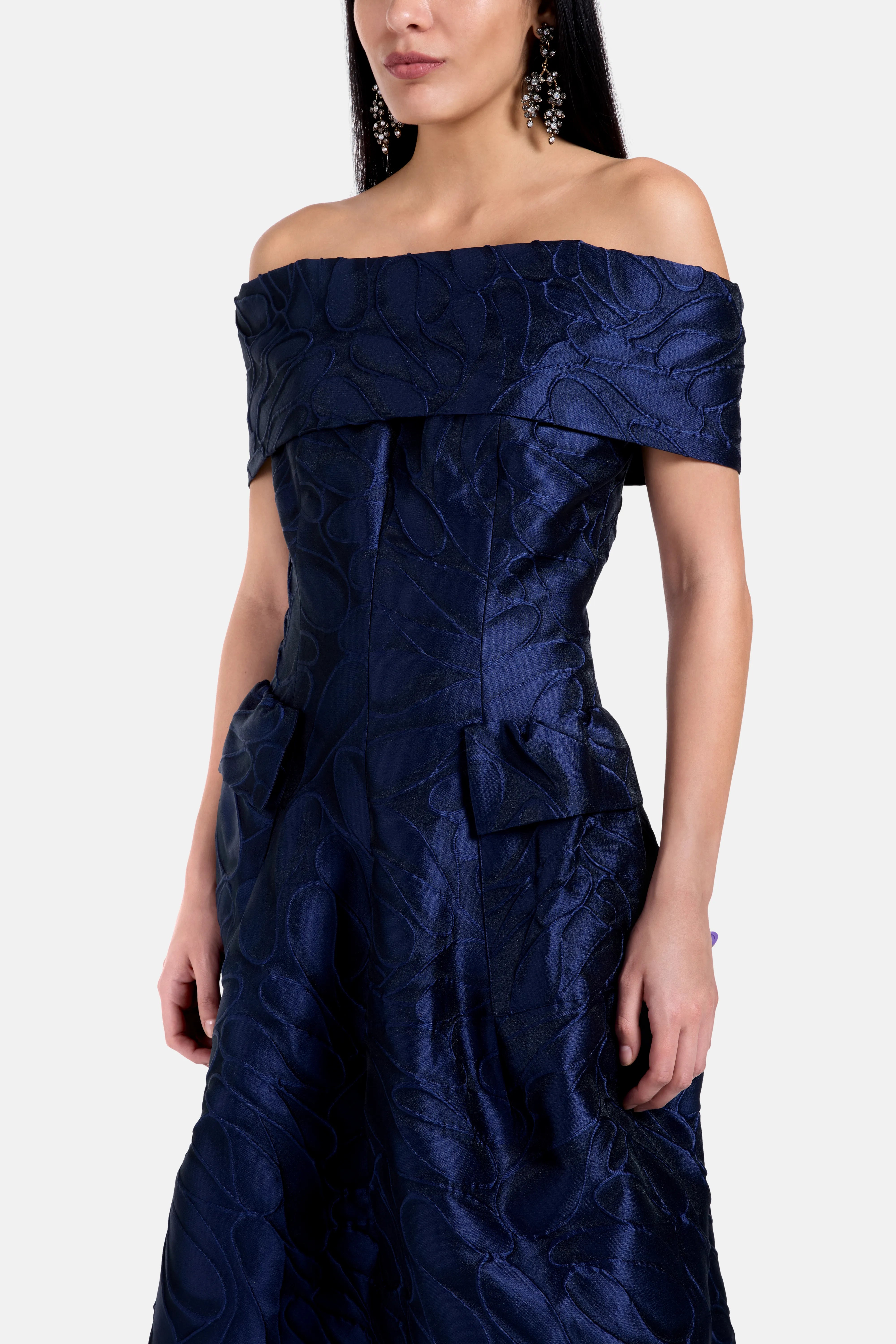 Honeydrop Jacquard Off Shoulder Evening Dress in Blue