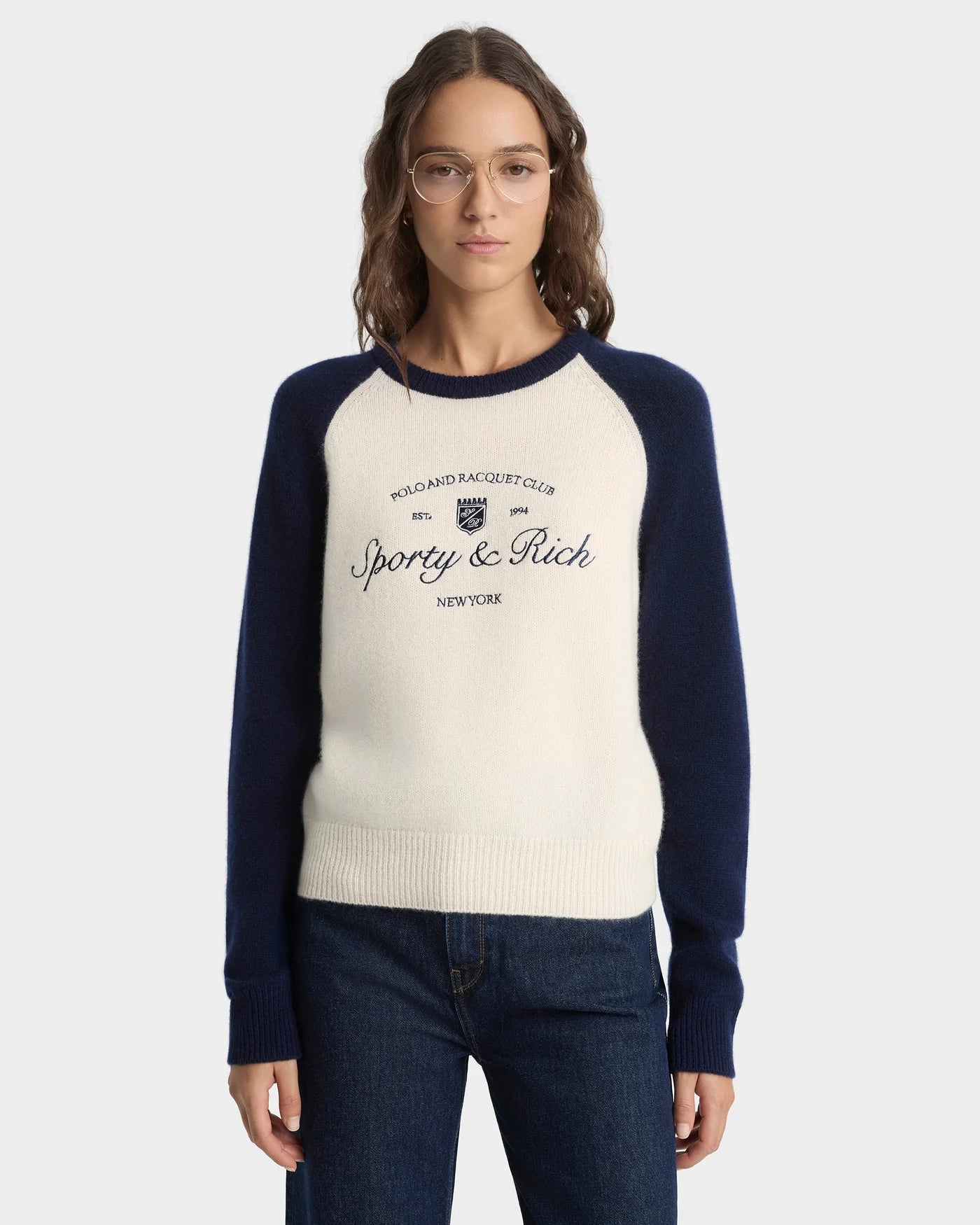 Syracuse Cashmere Wool Baseball Jumper Sweater in Beige and Blue