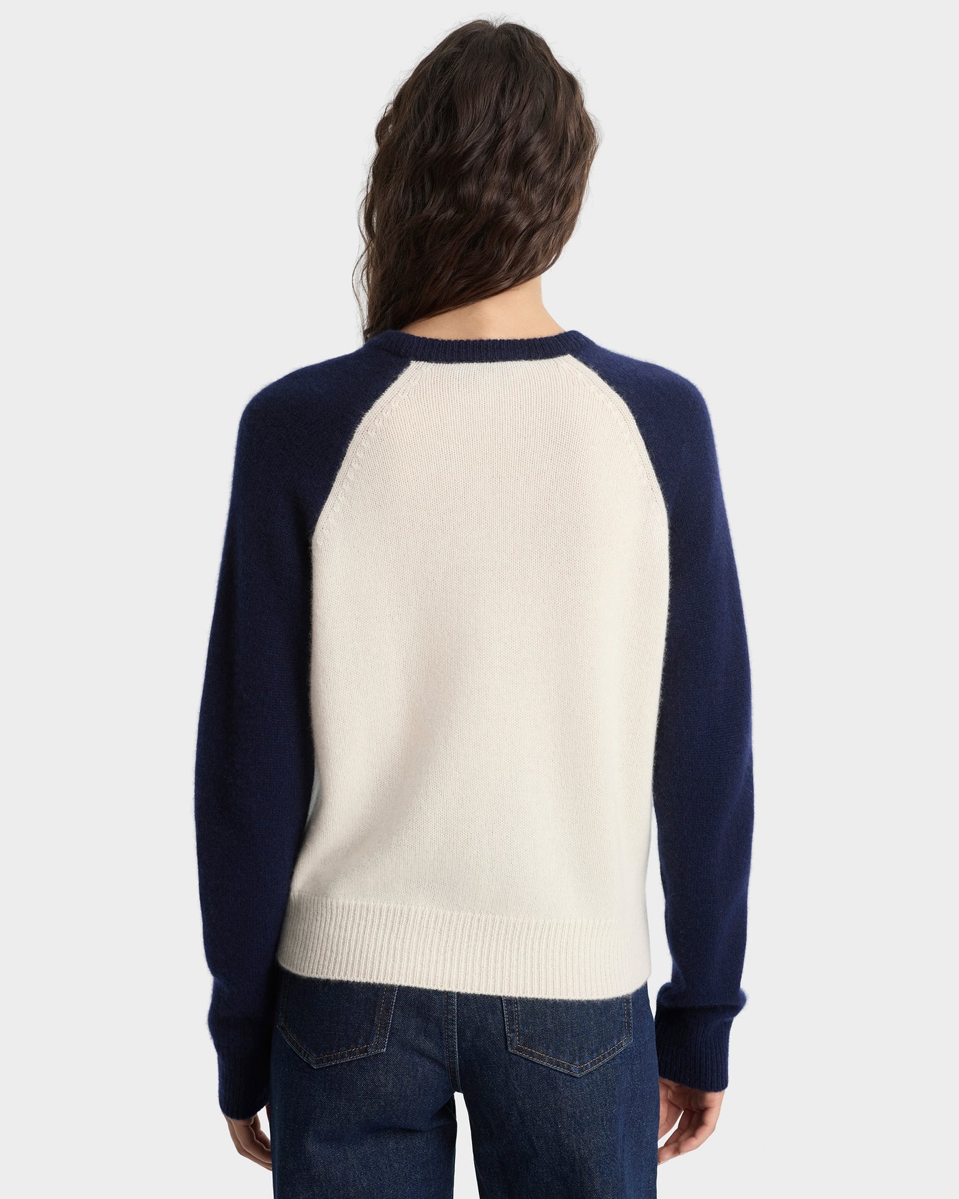 Syracuse Cashmere Wool Baseball Jumper Sweater in Beige and Blue