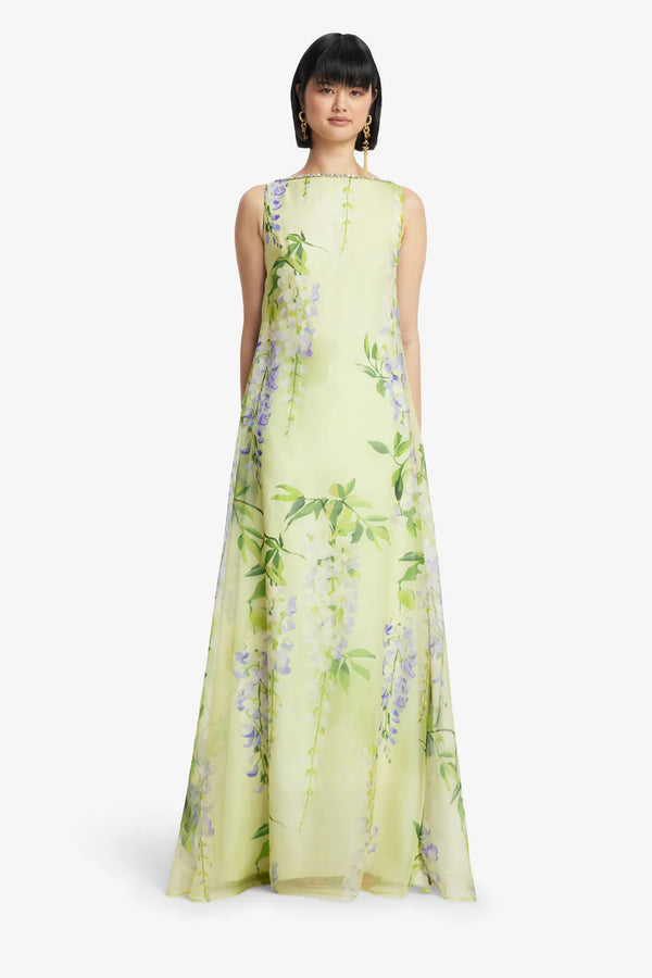 Yumei Embellished Open Back Floral Maxi Dress in Green