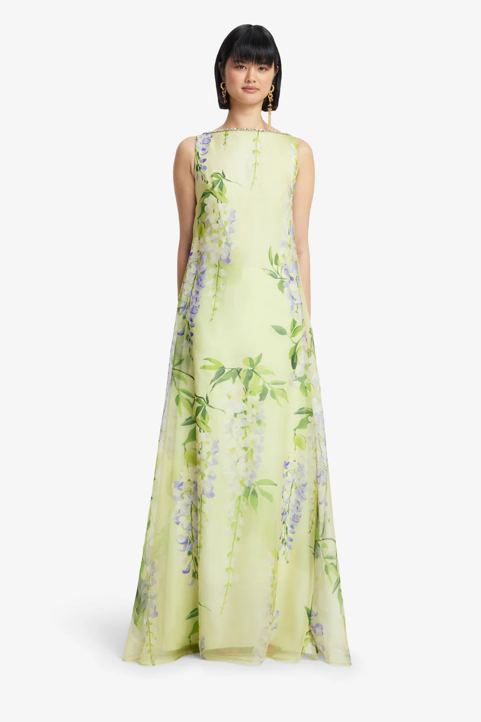 Yumei Embellished Open Back Floral Maxi Dress in Green