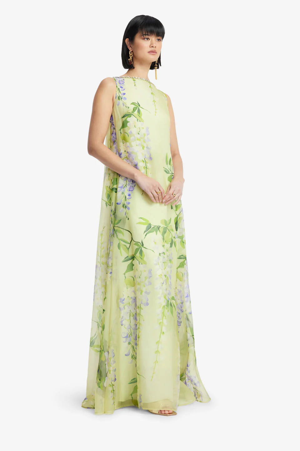 Yumei Embellished Open Back Floral Maxi Dress in Green