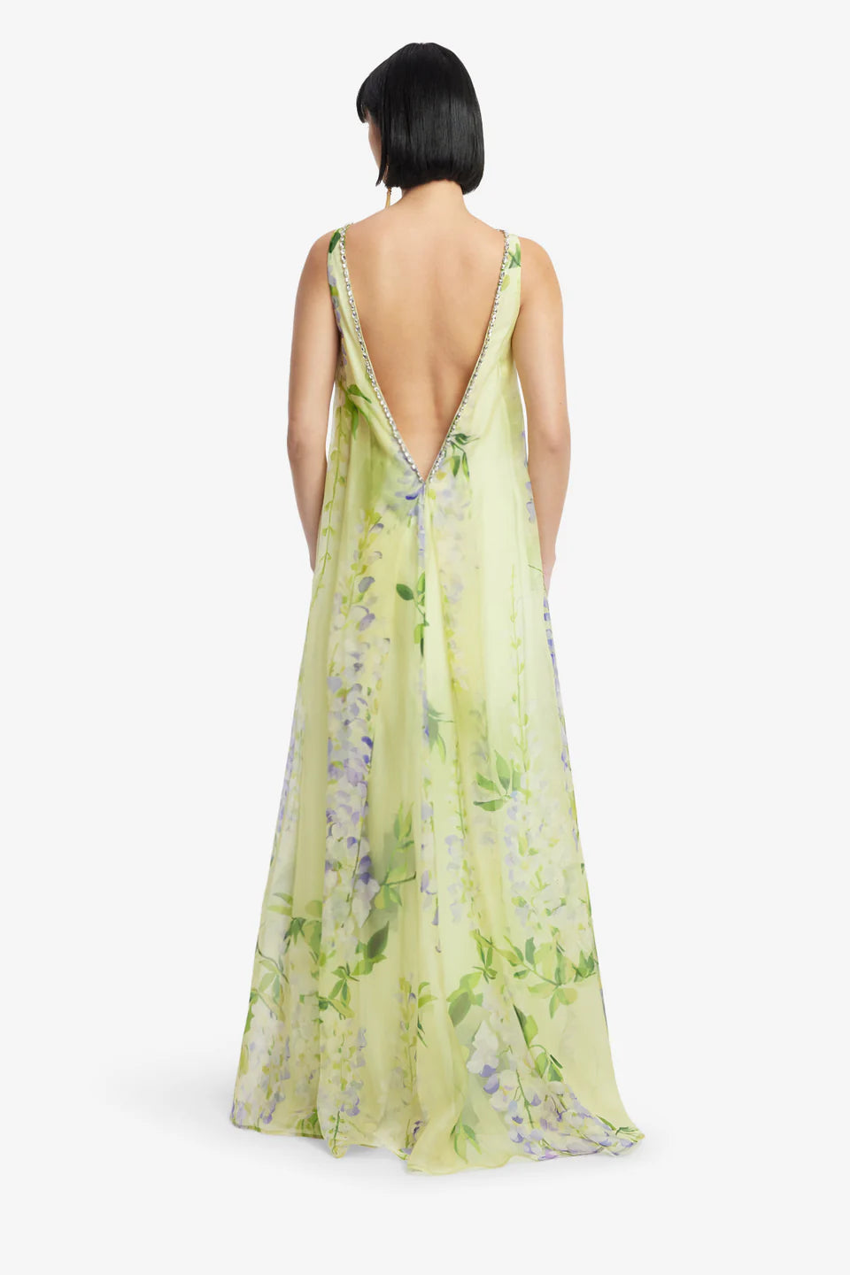 Yumei Embellished Open Back Floral Maxi Dress in Green