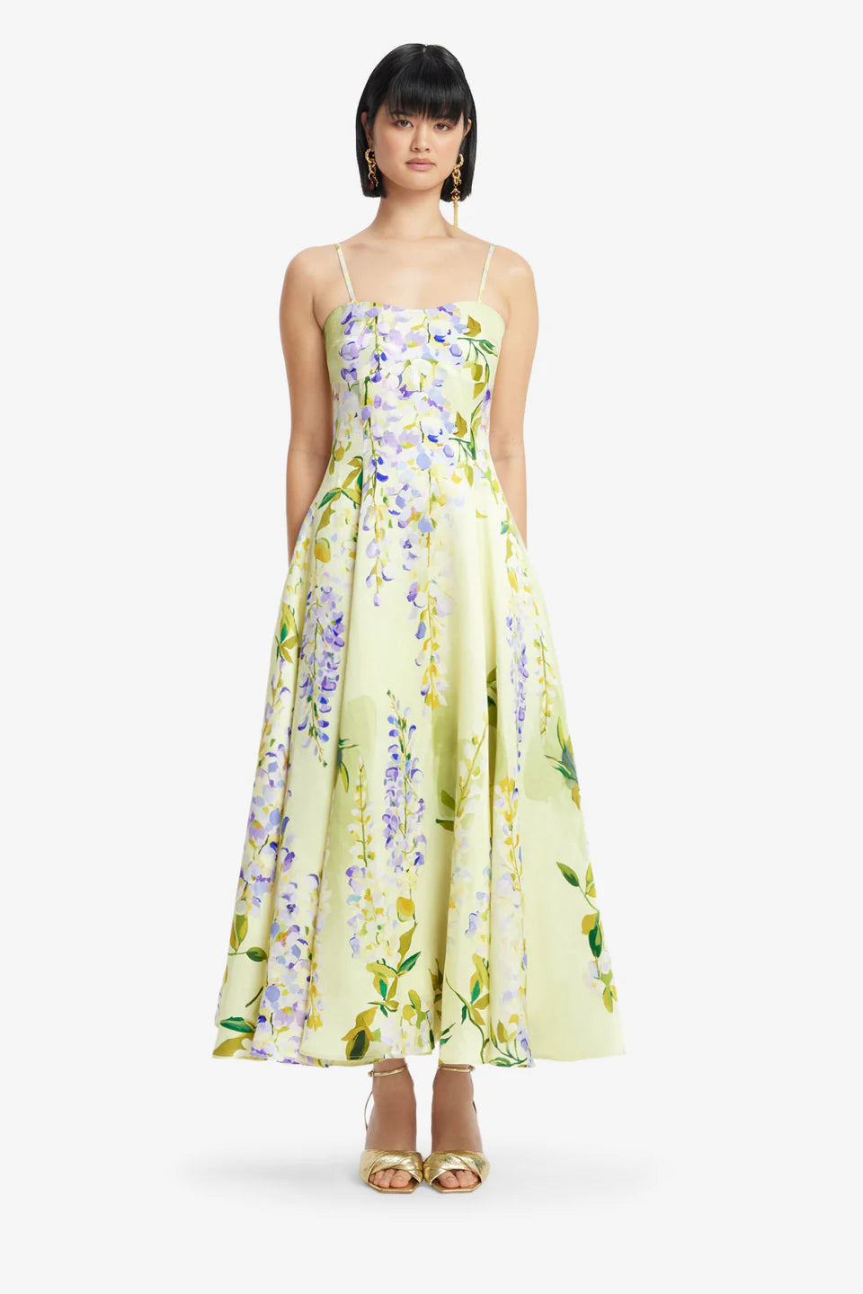 Mariela Linen Silk Blend Floral Midi Dress in Green