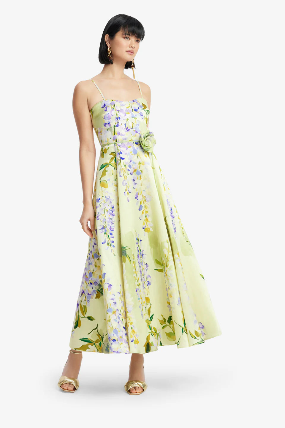 Mariela Linen Silk Blend Floral Midi Dress in Green