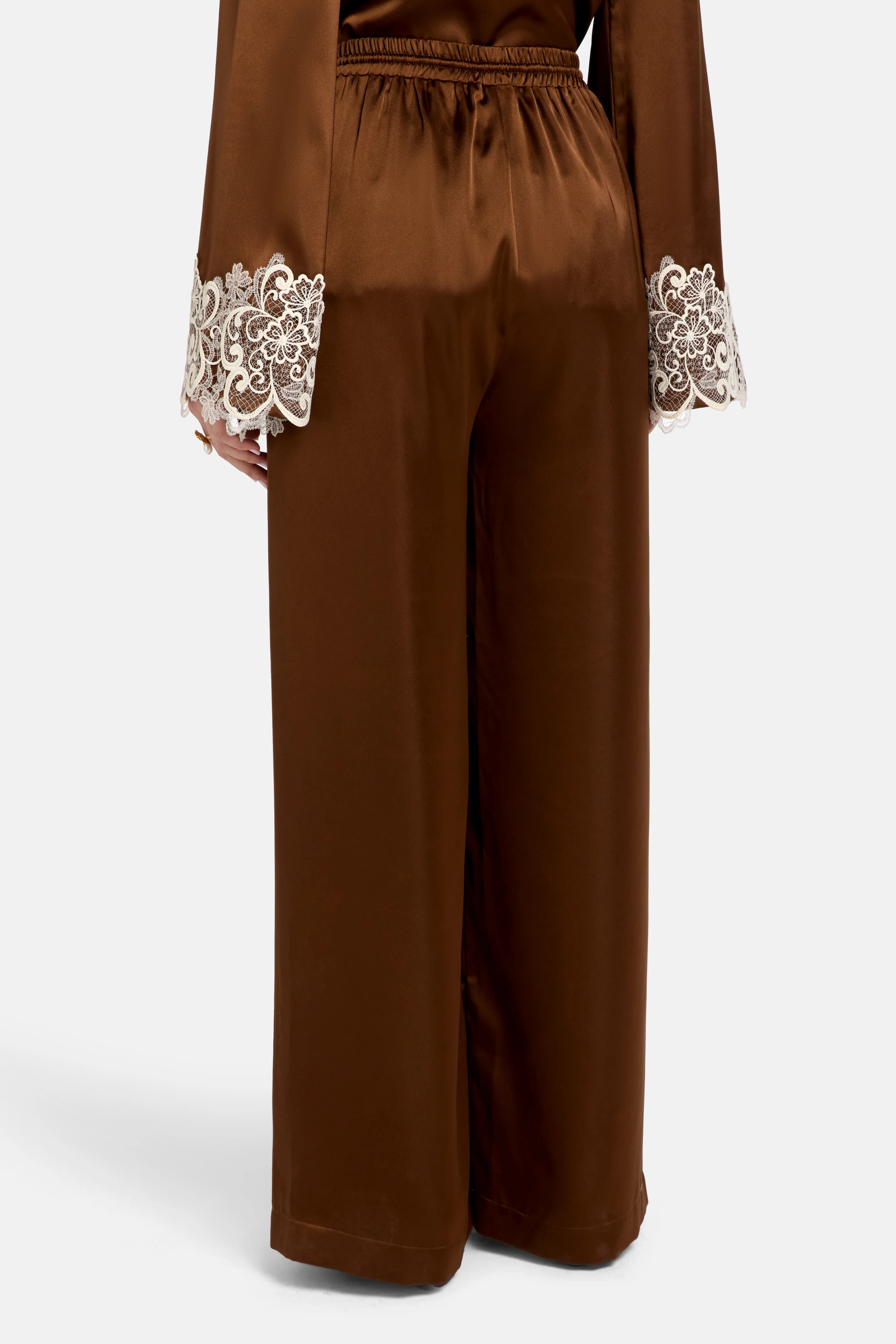 Haneen Linen Satin Coco Wide Legged Trousers in Brown