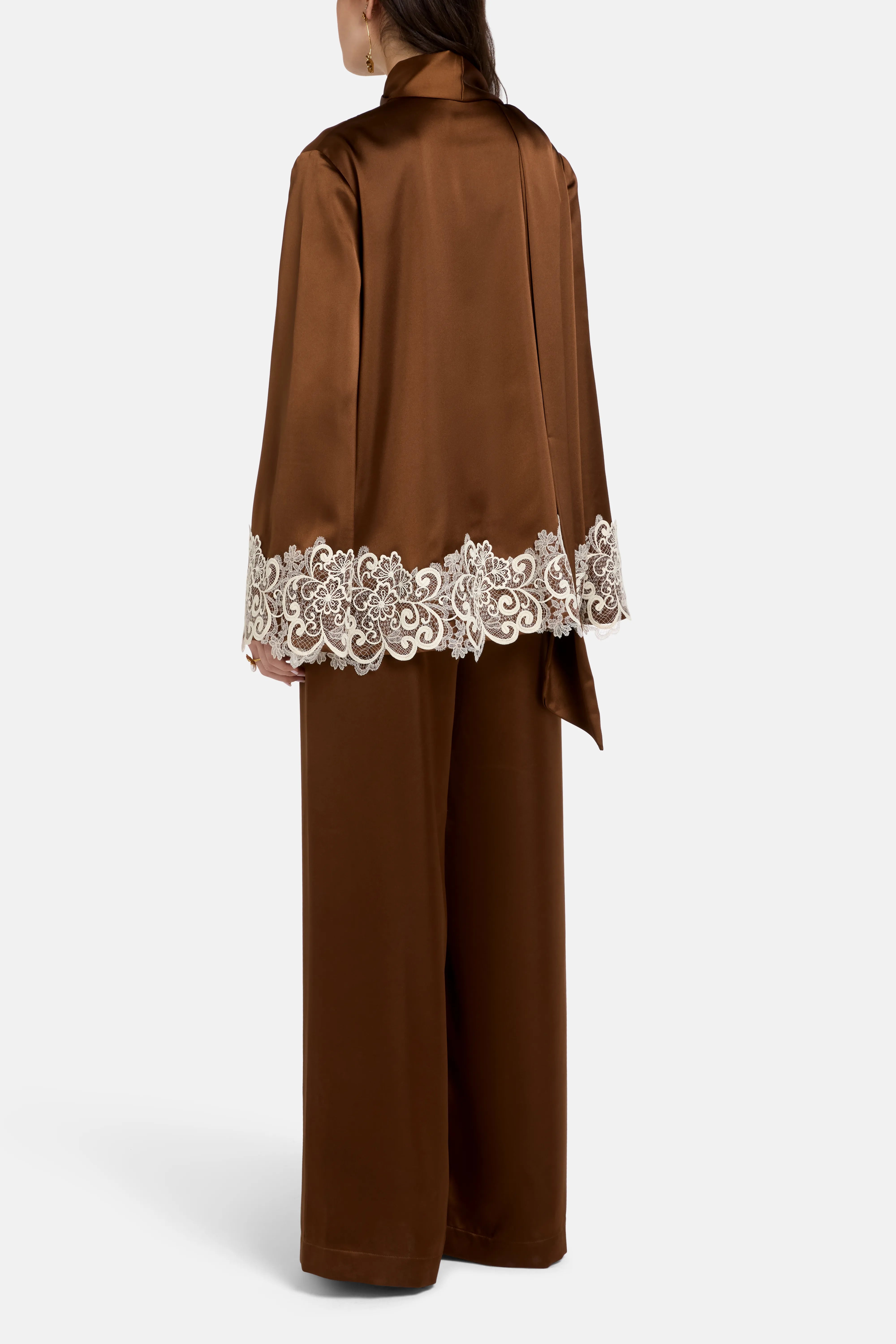 Haneen Linen Satin Lace Details Coco Top in Brown