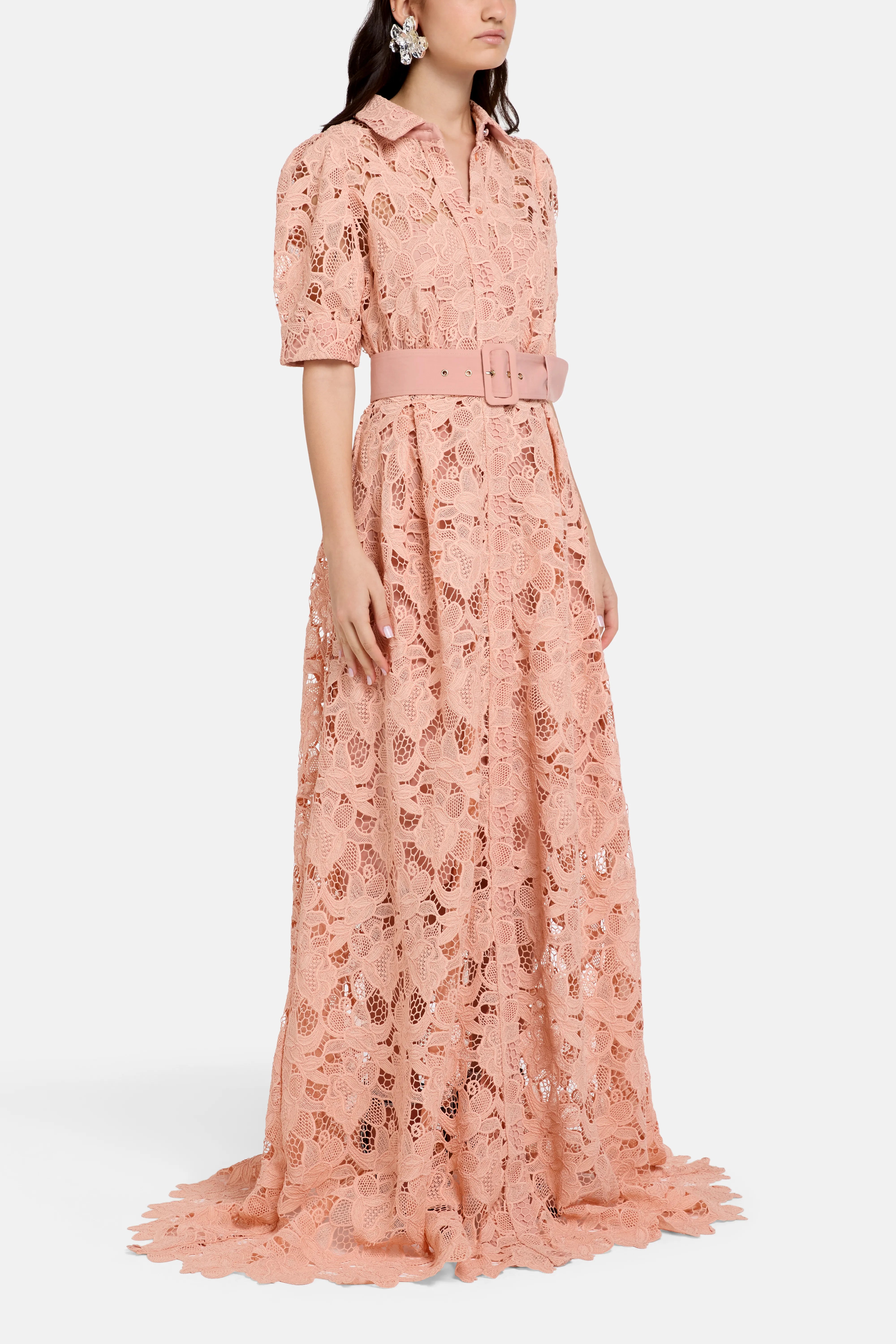 Ayah Collared Floral Lace Maxi Dress in Pink