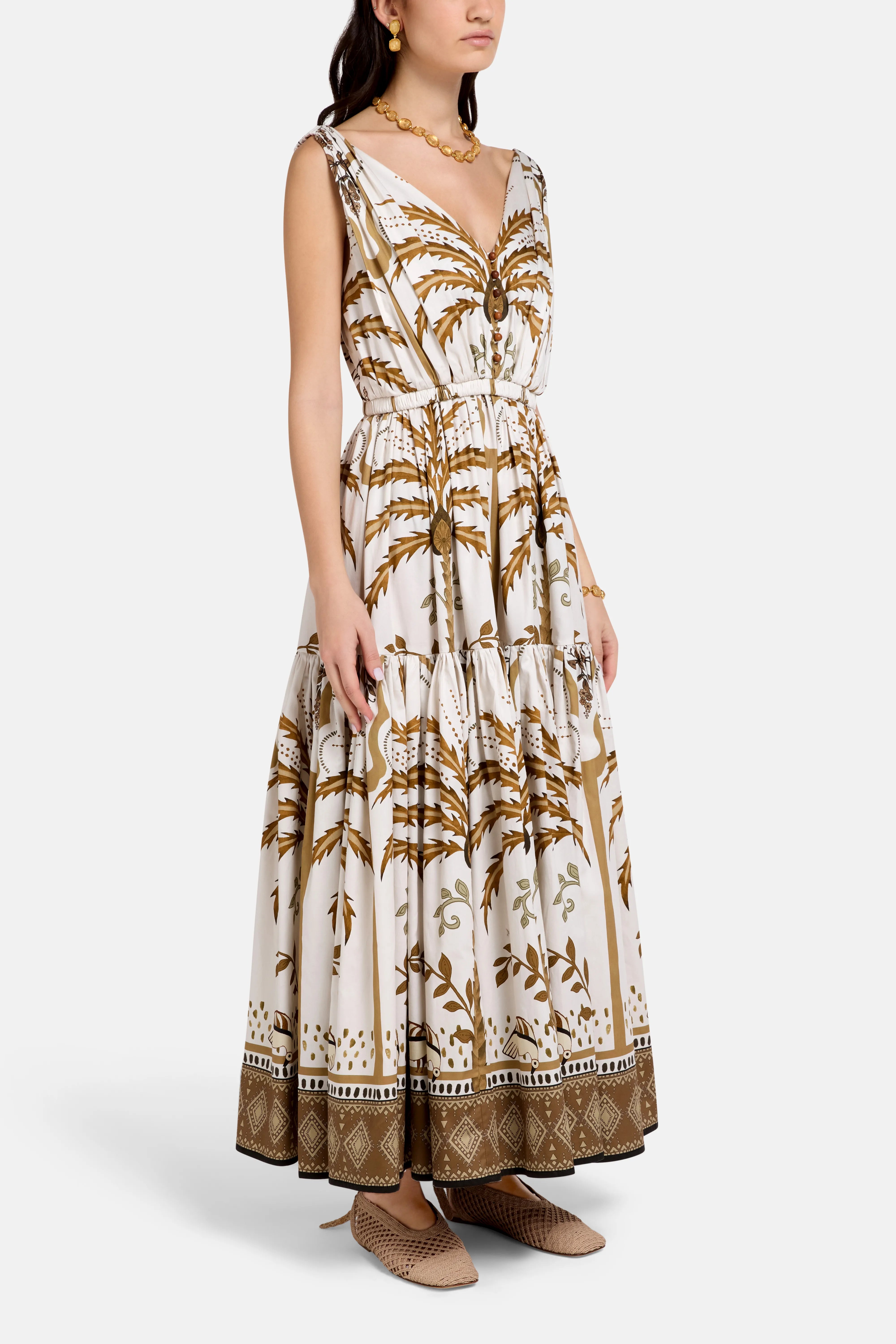 Greta Sleeveless Flared Cotton Midi Dress in Beige
