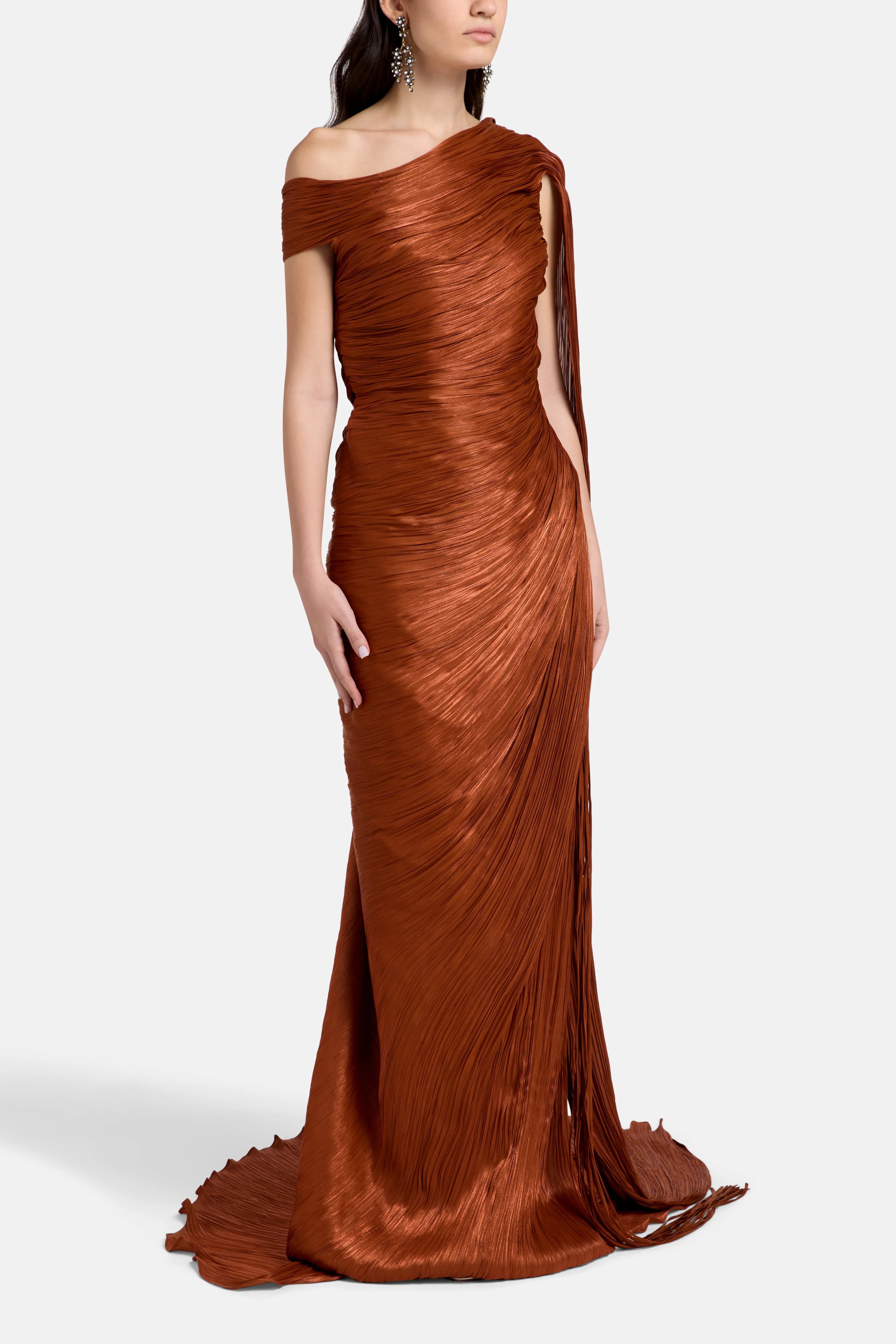 Buy the Orange Pleated Silk One Shoulder Cape Evening Gown