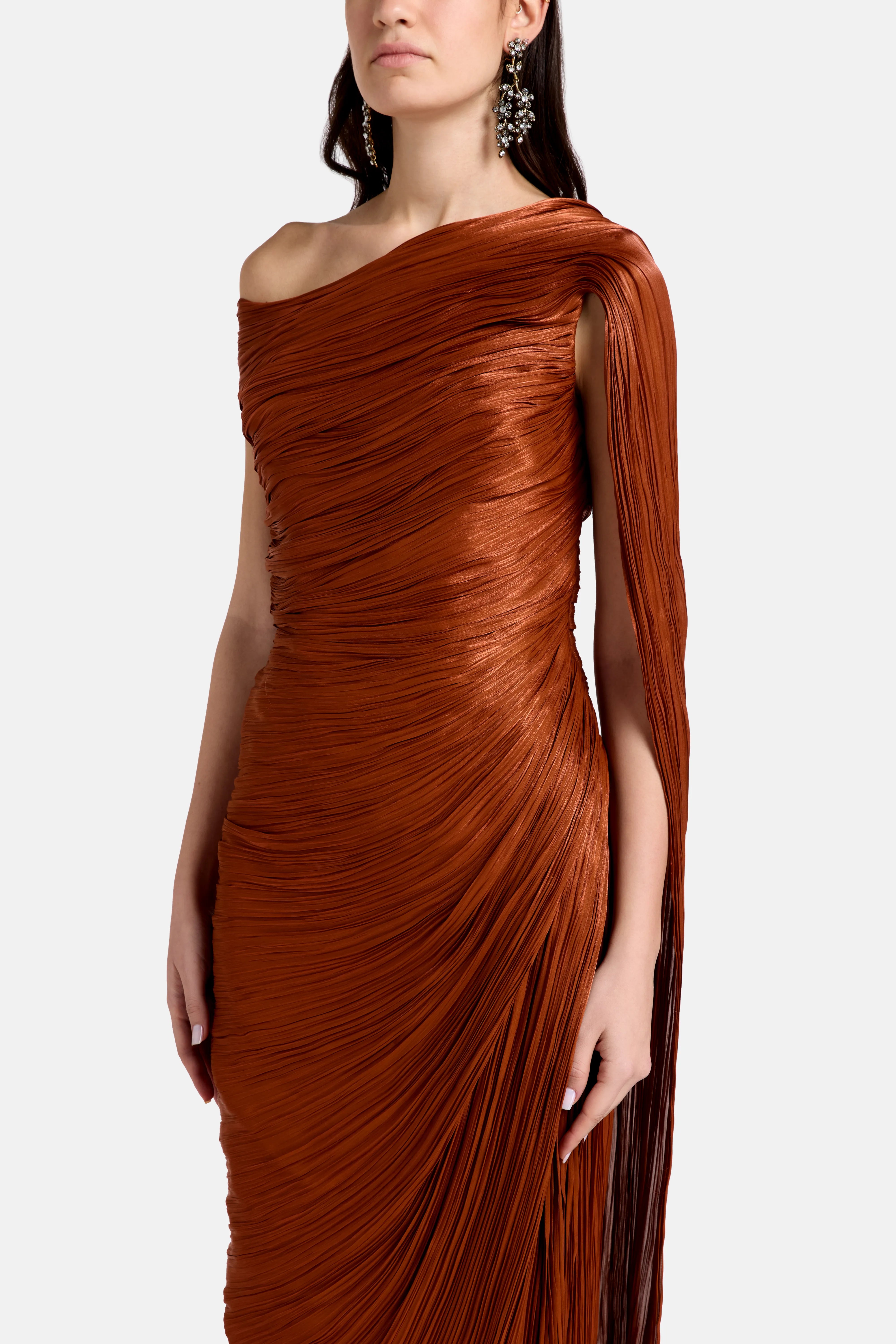 Asymmetrical Pleated Silk One Shoulder Cape Evening Gown in Orange