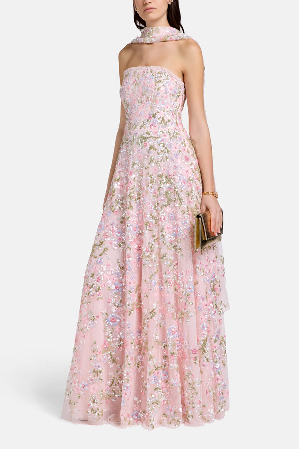 Dream Garland Sequins Floral Strapless Evening Dress with Scarf in Pink