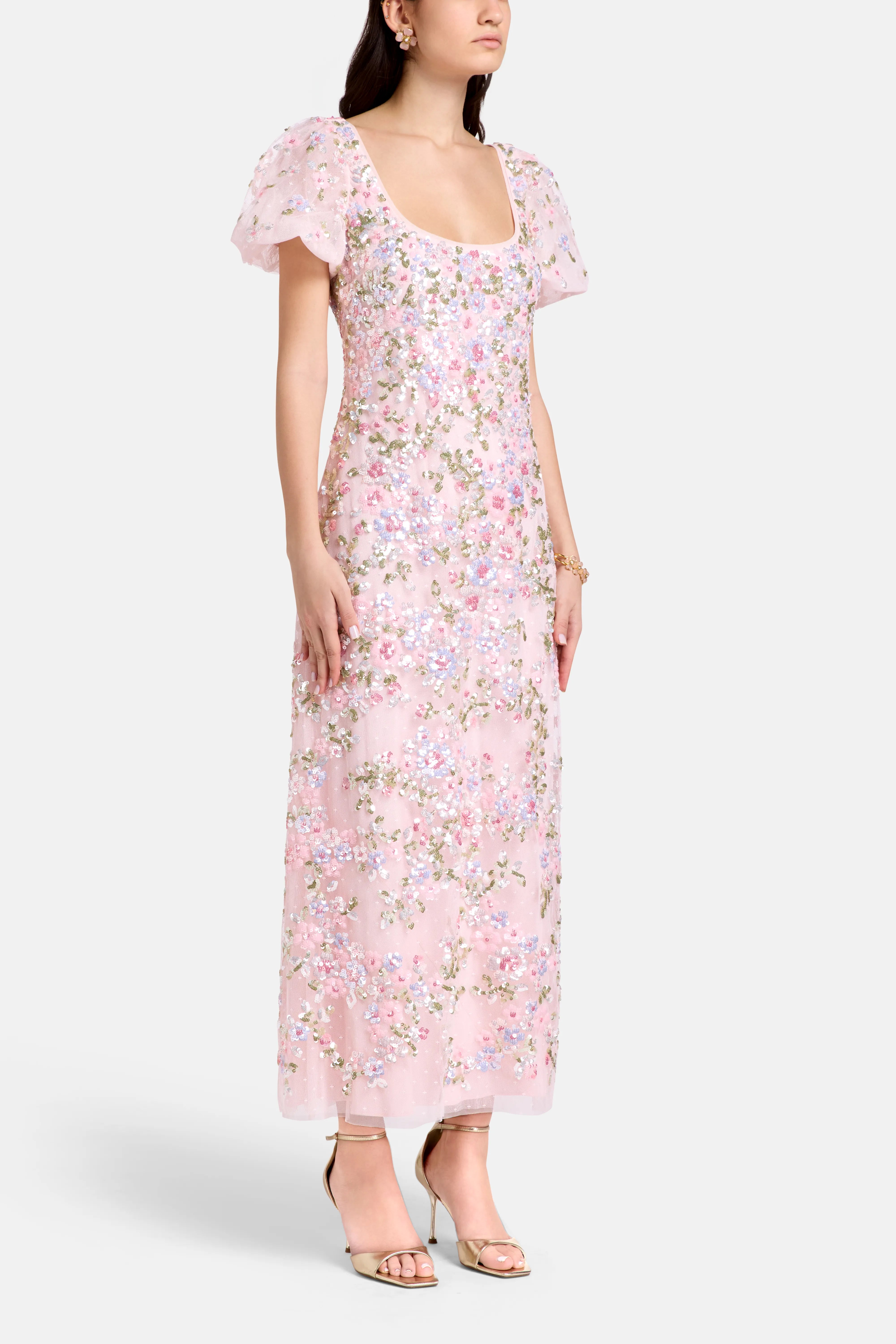 Dream Garland Puff Sleeves Evening Dress in Pink