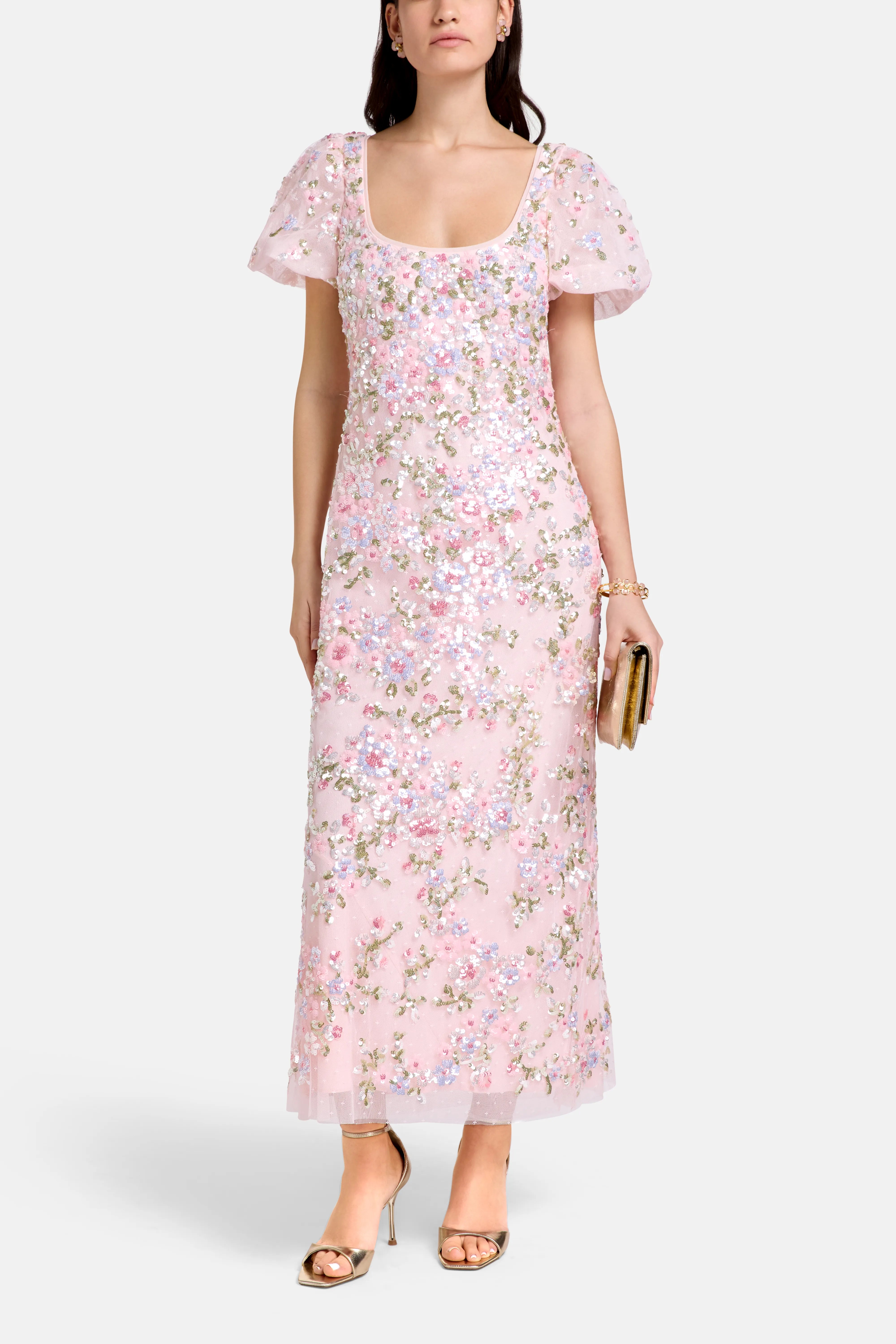 Dream Garland Puff Sleeves Evening Dress in Pink