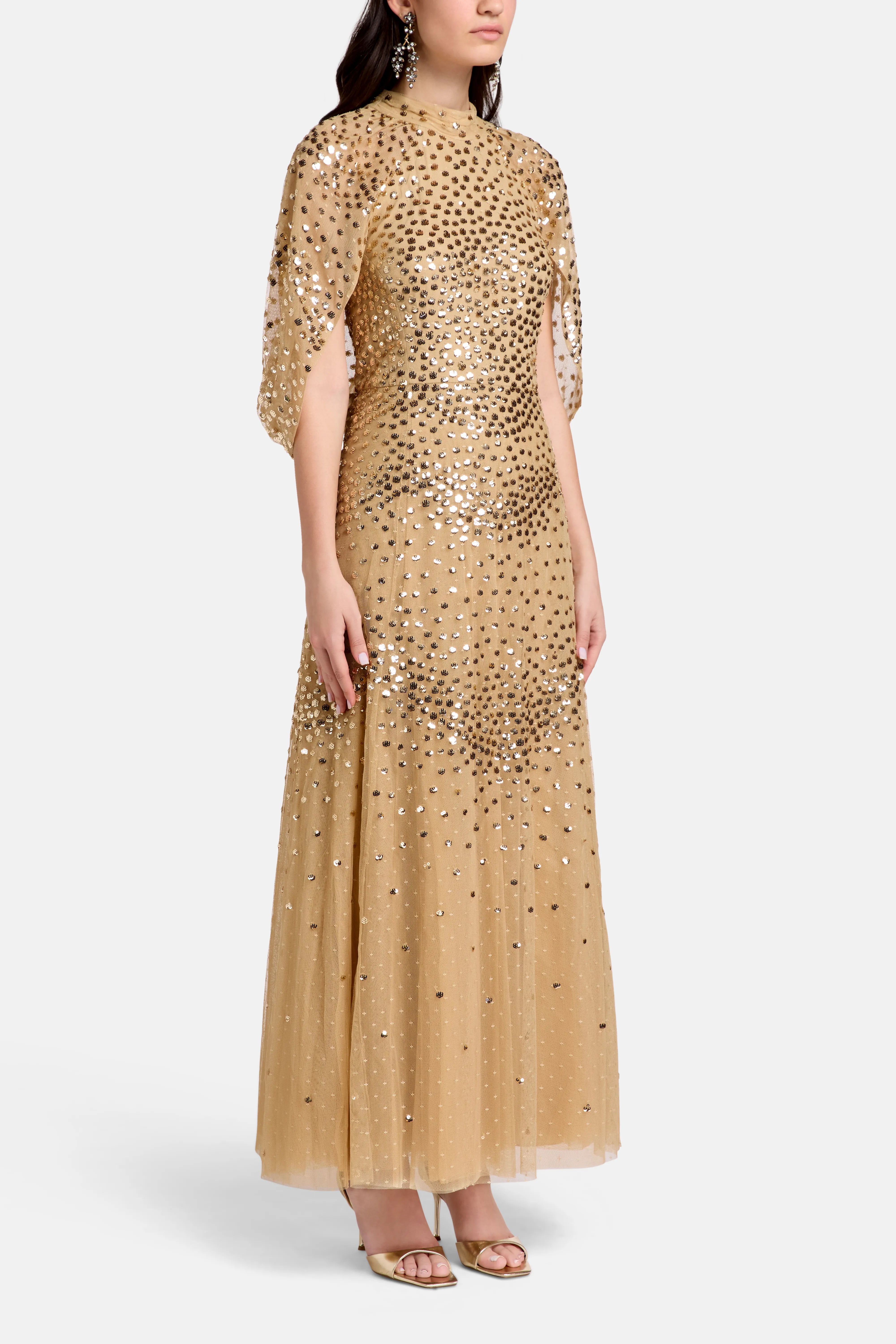 Scallop Sequins Cape Evening Dress in Gold