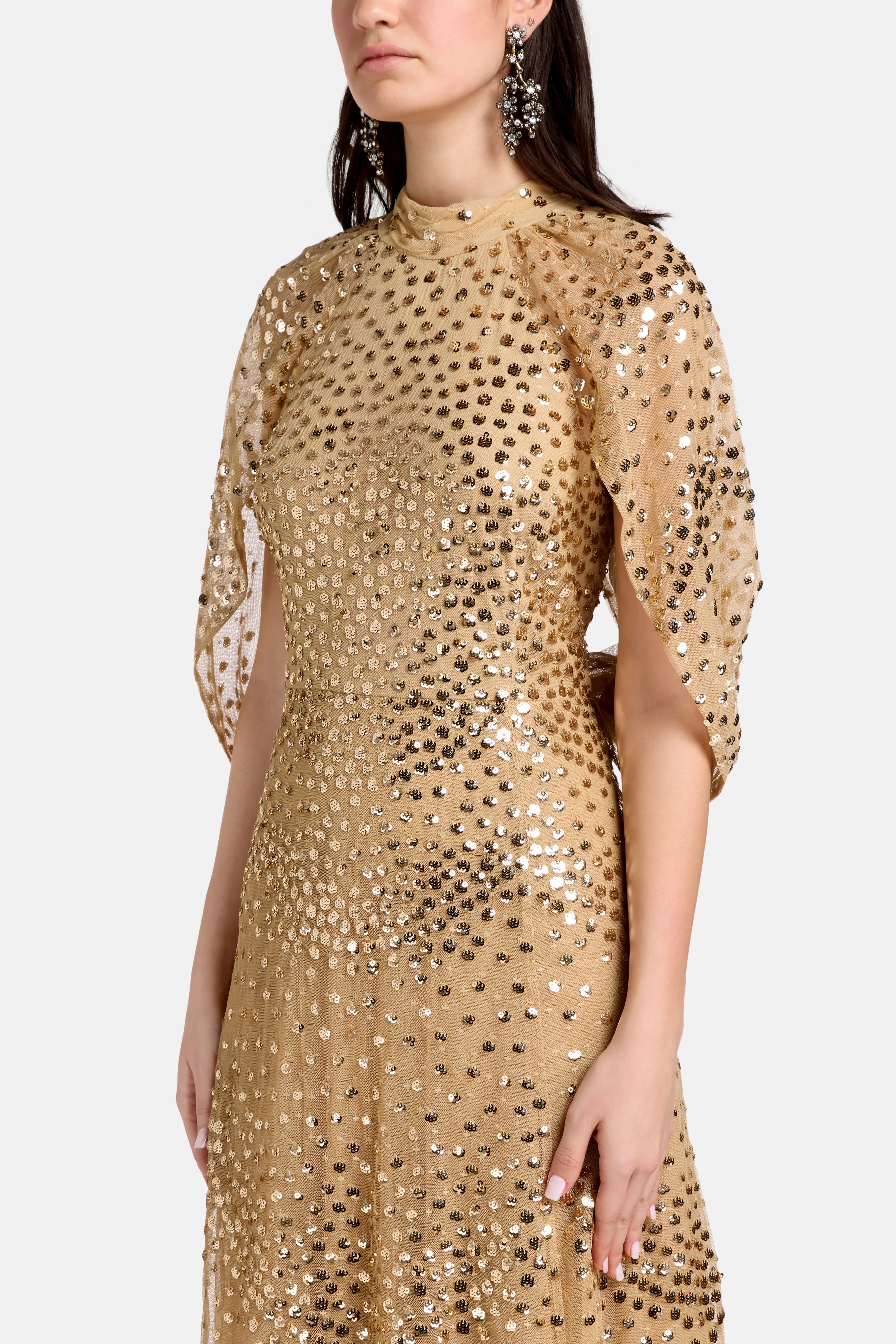 Scallop Sequins Cape Evening Dress in Gold