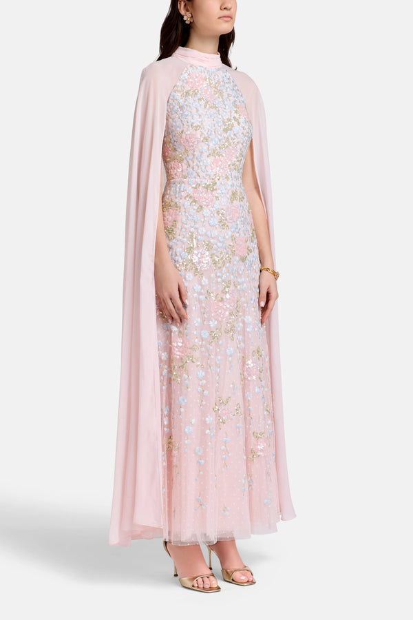 Cressida Floral Cape Floral Evening Dress in Pink