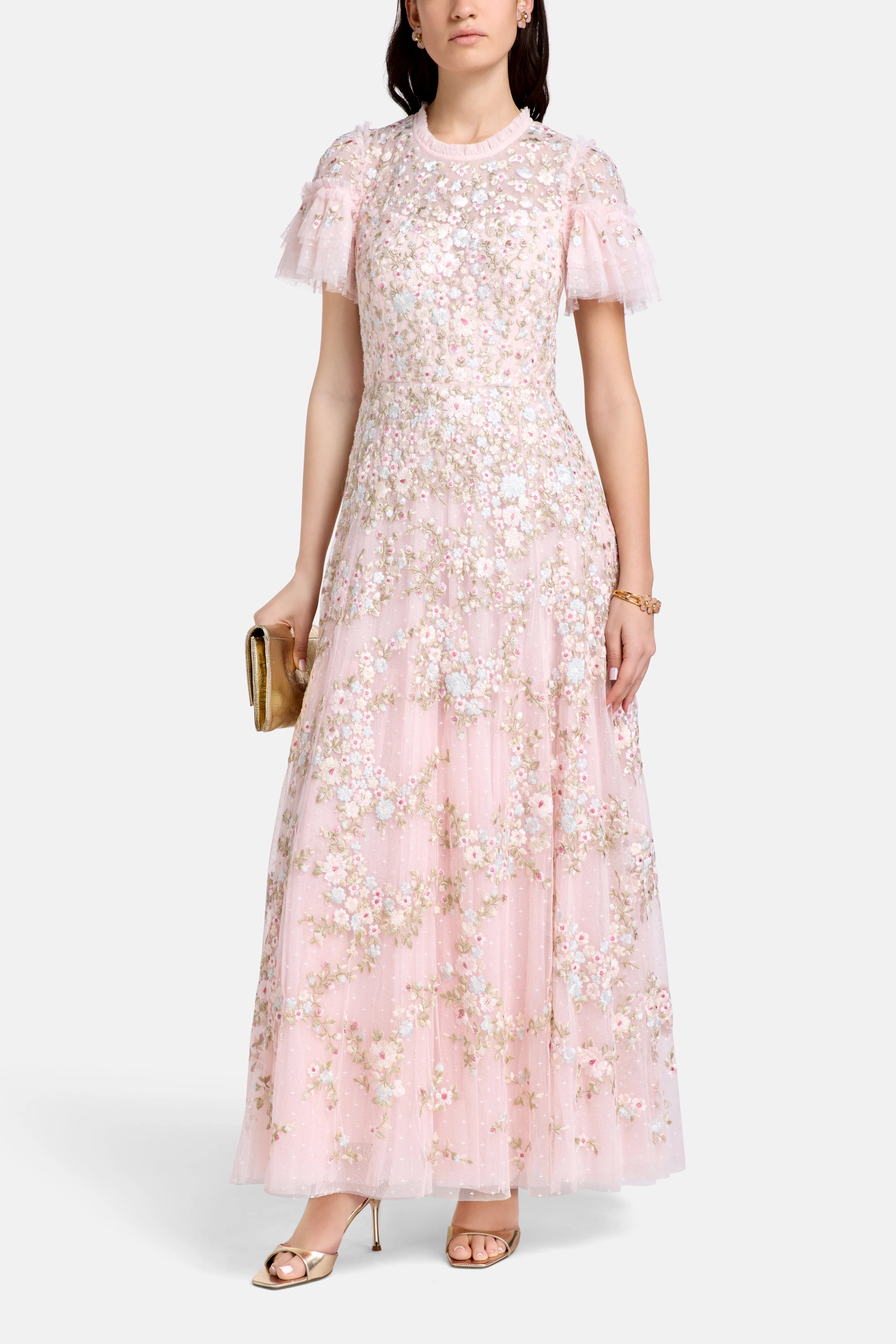 Lunaria Wreath Floral Evening Dress in Pink