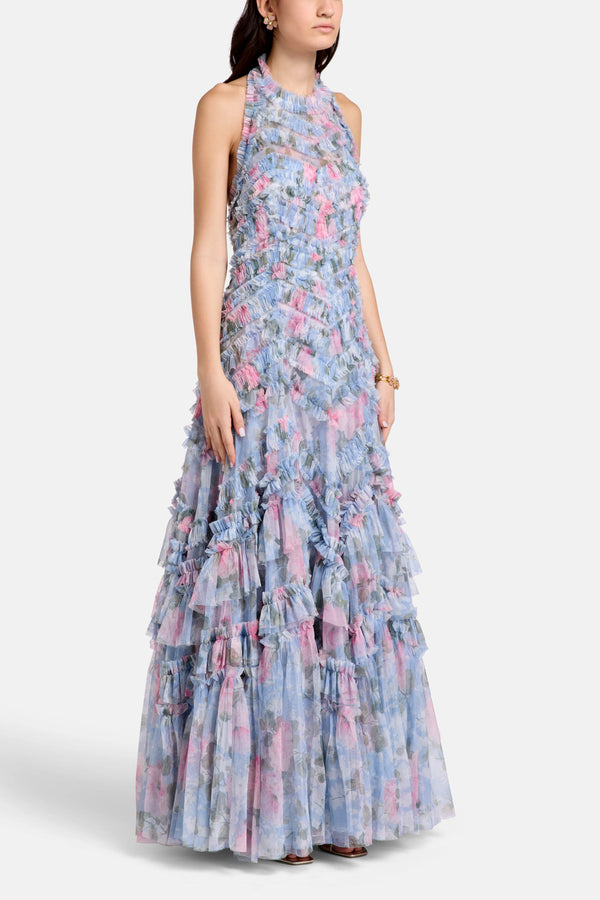 Camille's Garden Elia Halter Neck Floral Evening Dress in Blue