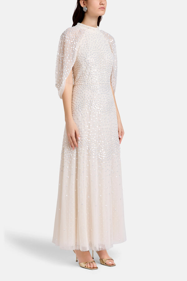 Scallop Sequins Cape Evening Dress in Cream