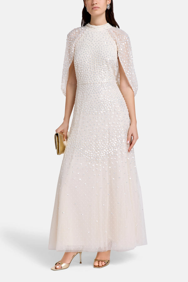 Scallop Sequins Cape Evening Dress in Cream