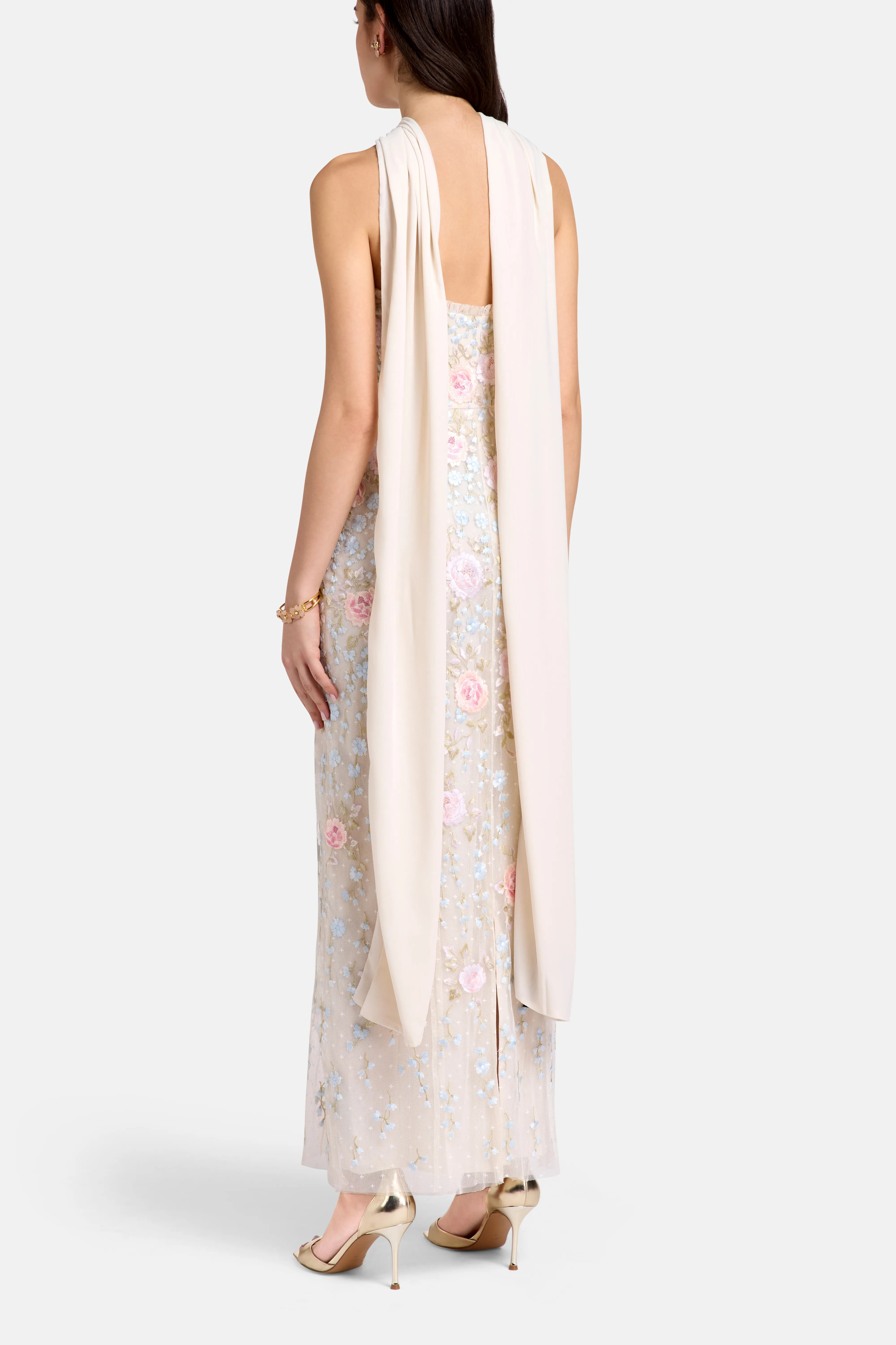 Cressida Embroidery Strapless Floral Evening Dress in Pink with Scarf