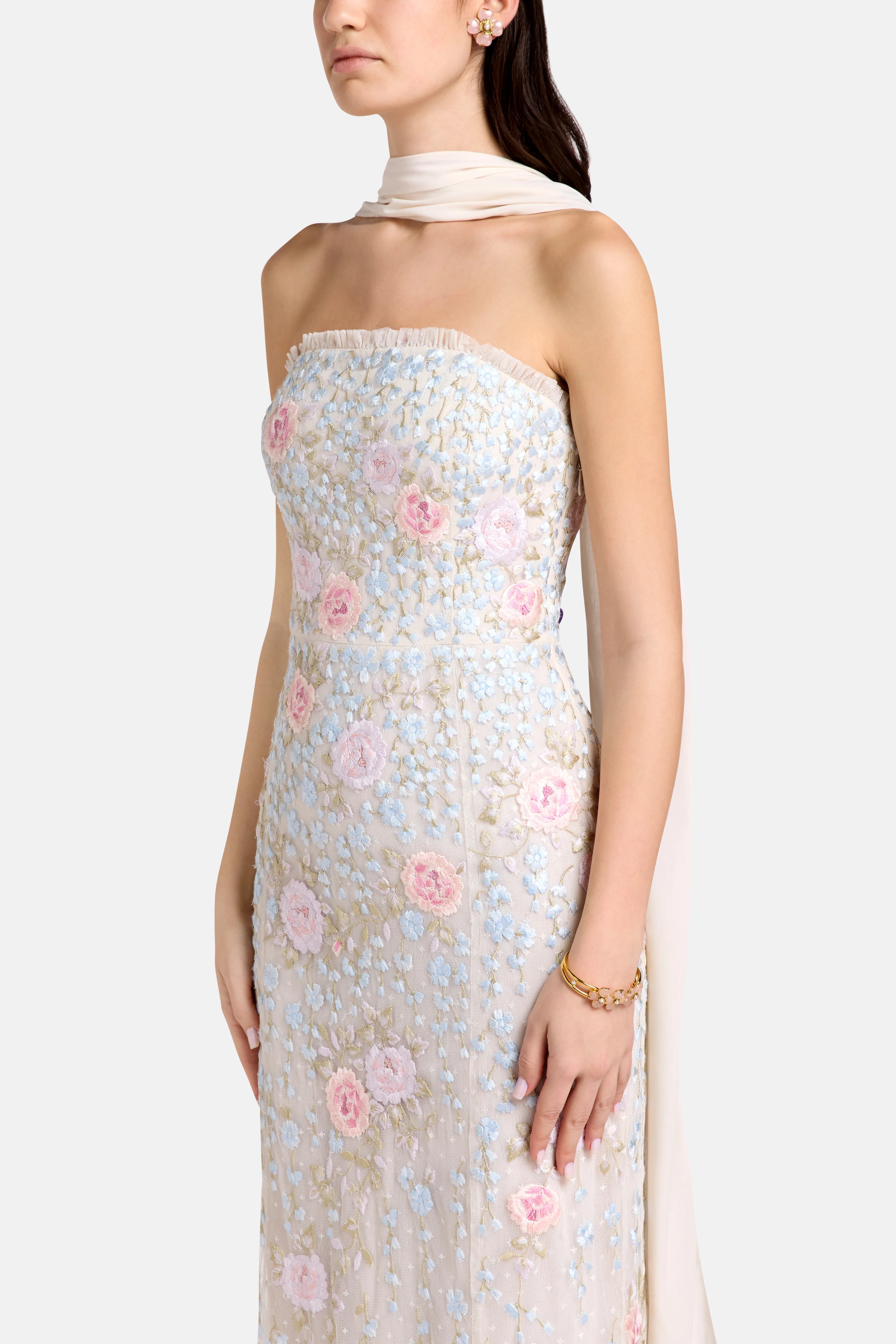 Cressida Embroidery Strapless Floral Evening Dress in Pink with Scarf