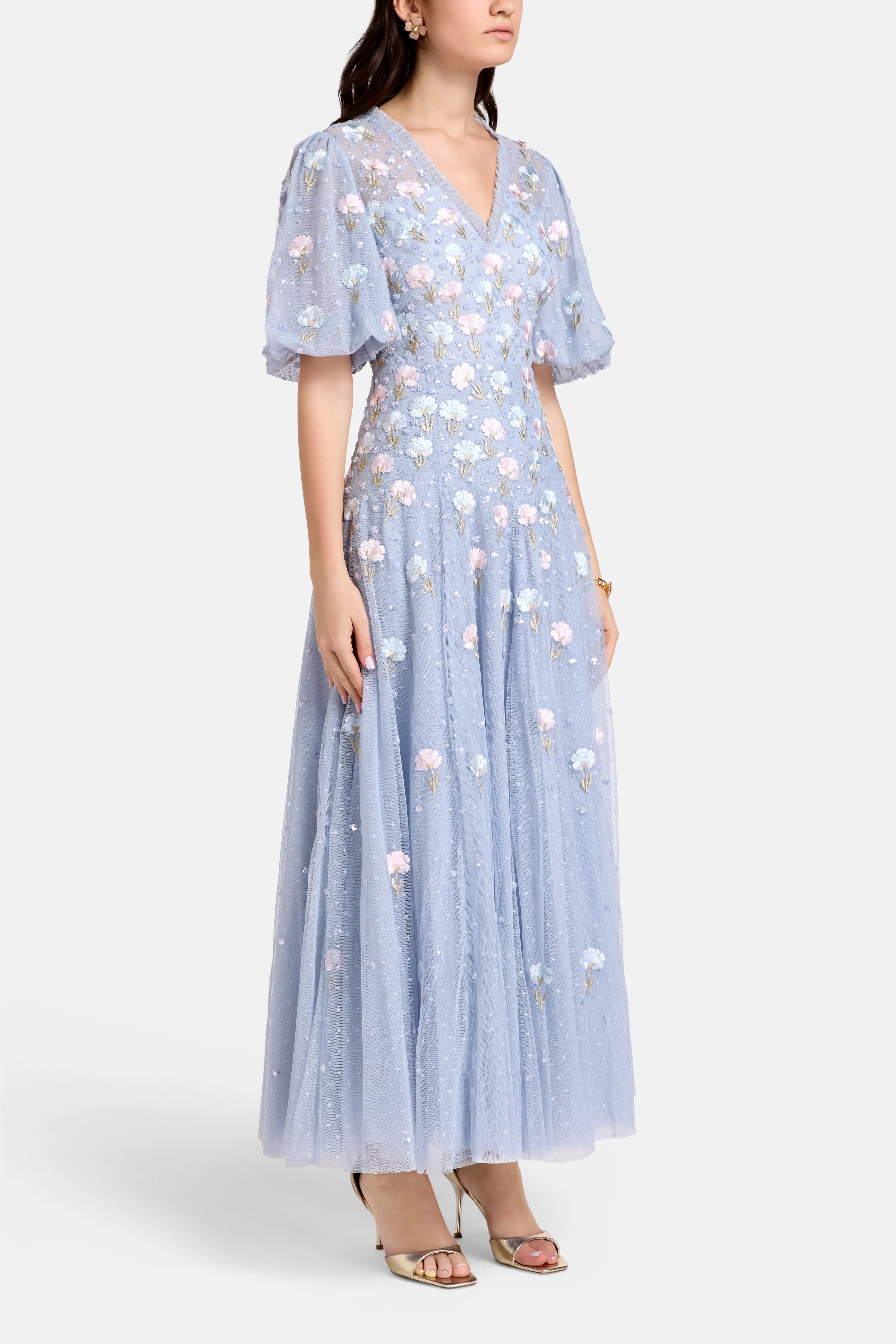 Dandelion Ditsy Floral Evening Dress in Blue